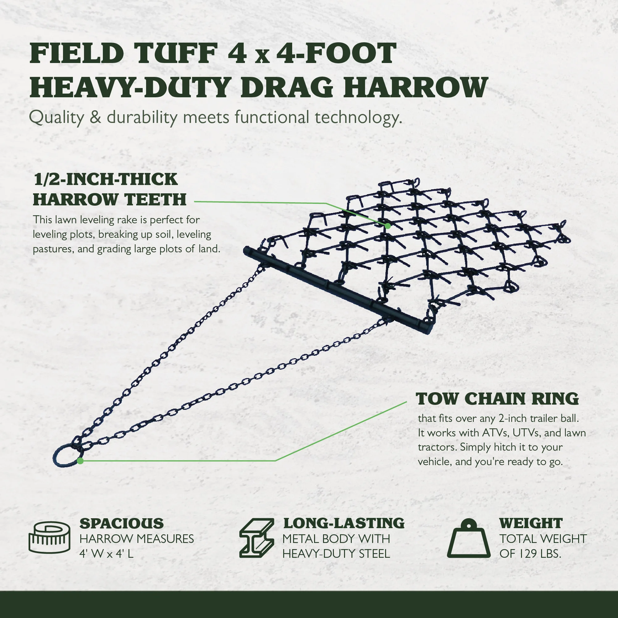 4'x4' Steel Drag Rake Field Leveling Harrow with 1/2" Teeth(48 in/4 in) - Image 5
