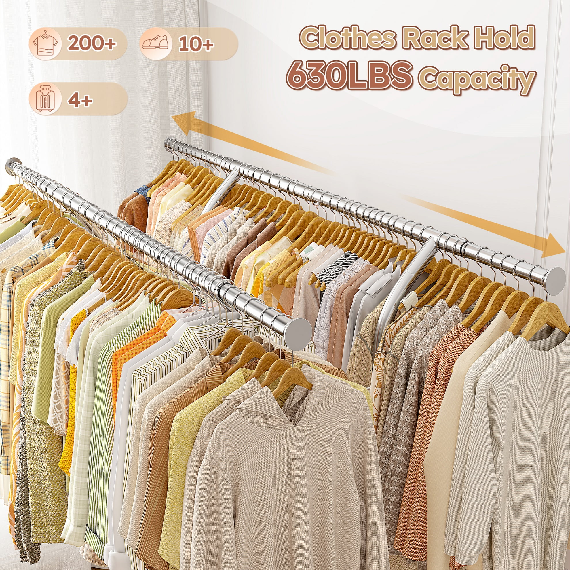 Clothes Rack with Wheels, Heavy-Duty Garment Rack for Hanging Clothes, Adjustable Freestanding Wardrobe Organizers and Storage with Double Sheves - Image 4