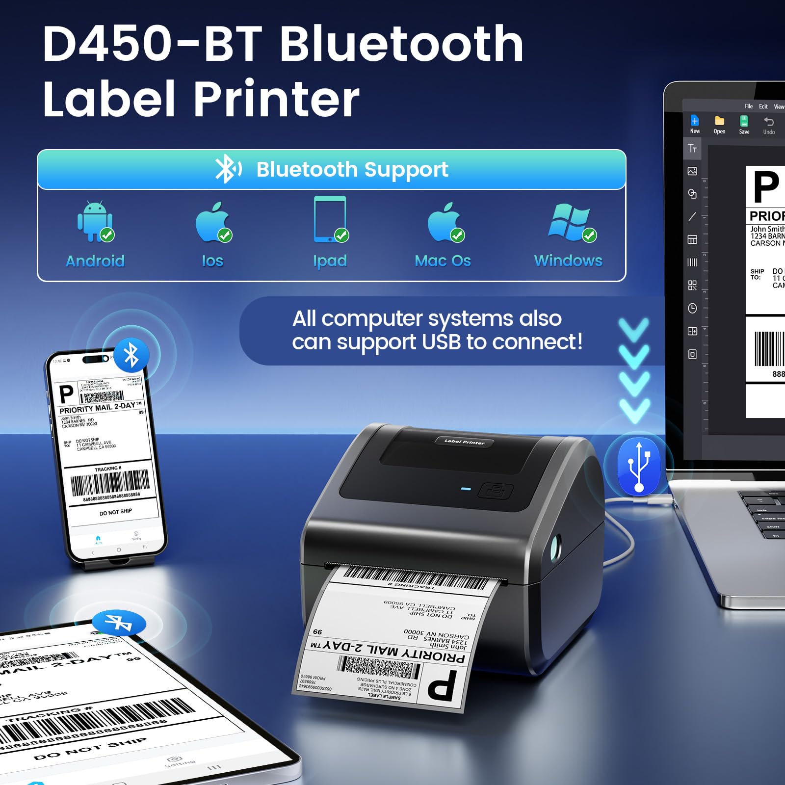 Bluetooth Shipping Label Printer with Built-in Label Bin | D450BT 4x6 Thermal Label Printer for Shipping Packages, Thermal Printers Compatible with Android, iPhone, Windows, macOS, UPS