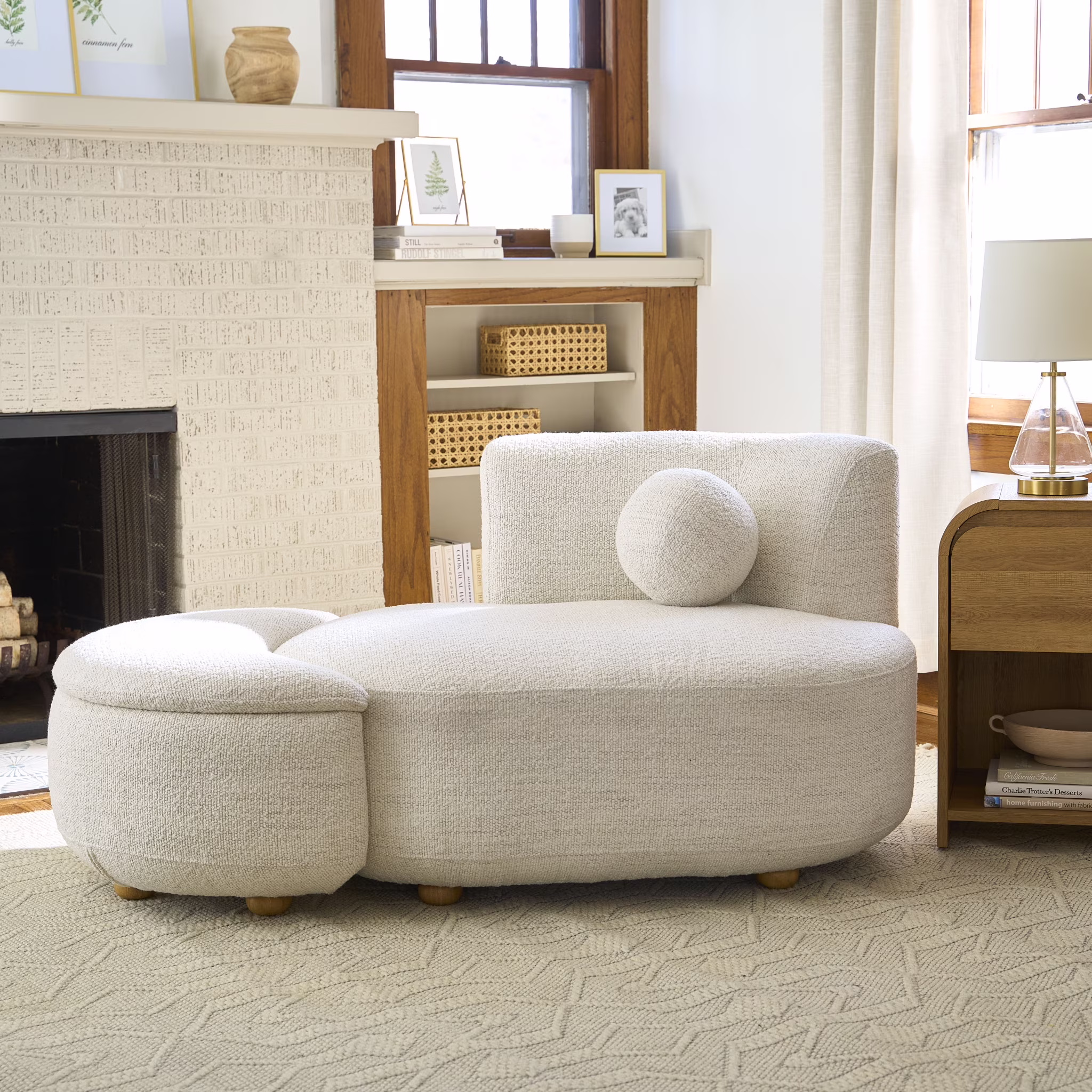 Juliet Modern Boucle Chaise Storage Ottoman, Pearl(White)