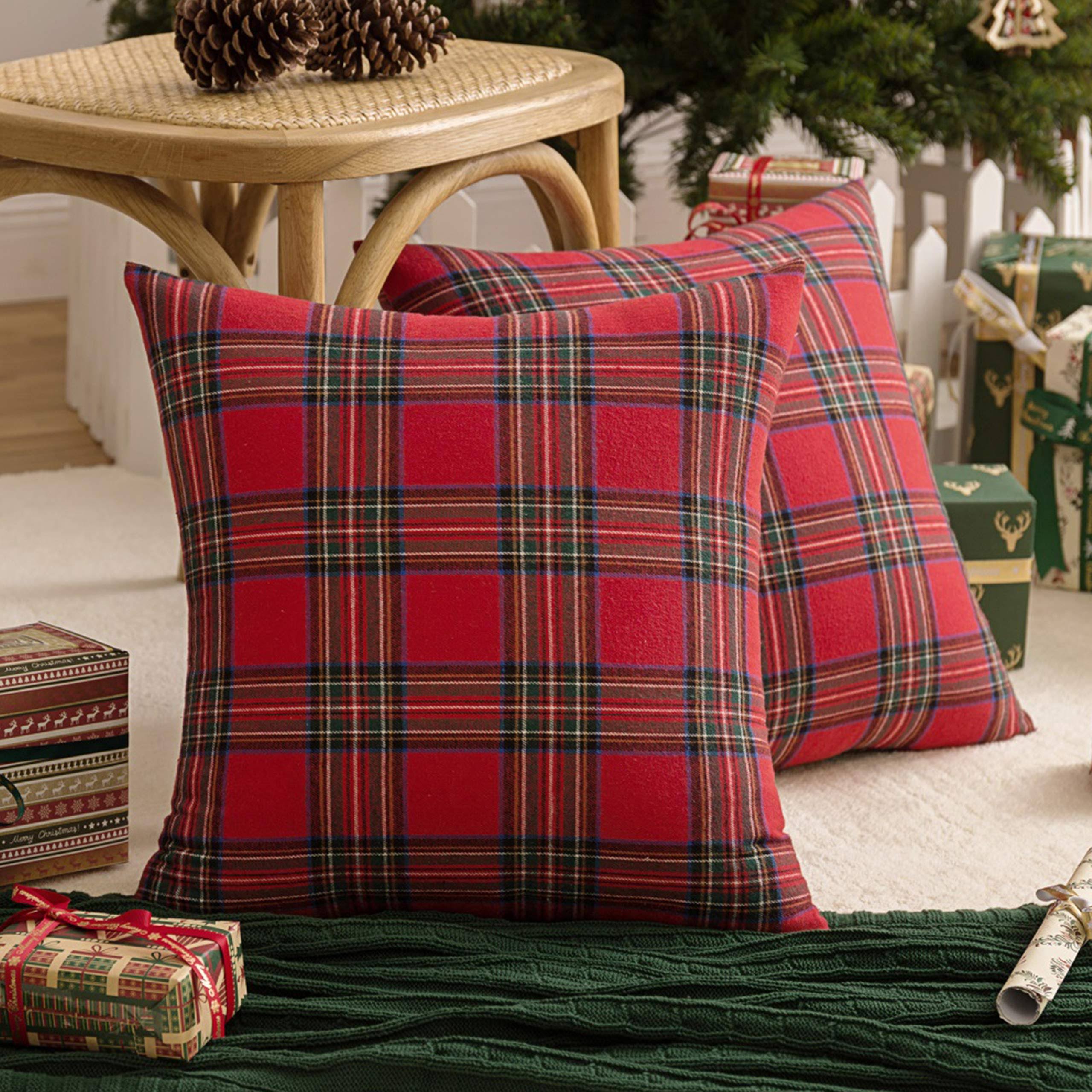 AQOTHES Pack of 2 Christmas Plaid Decorative Throw Pillow Covers Scottish Tartan Cushion Case for Farmhouse Home Holiday Decor Red and Green