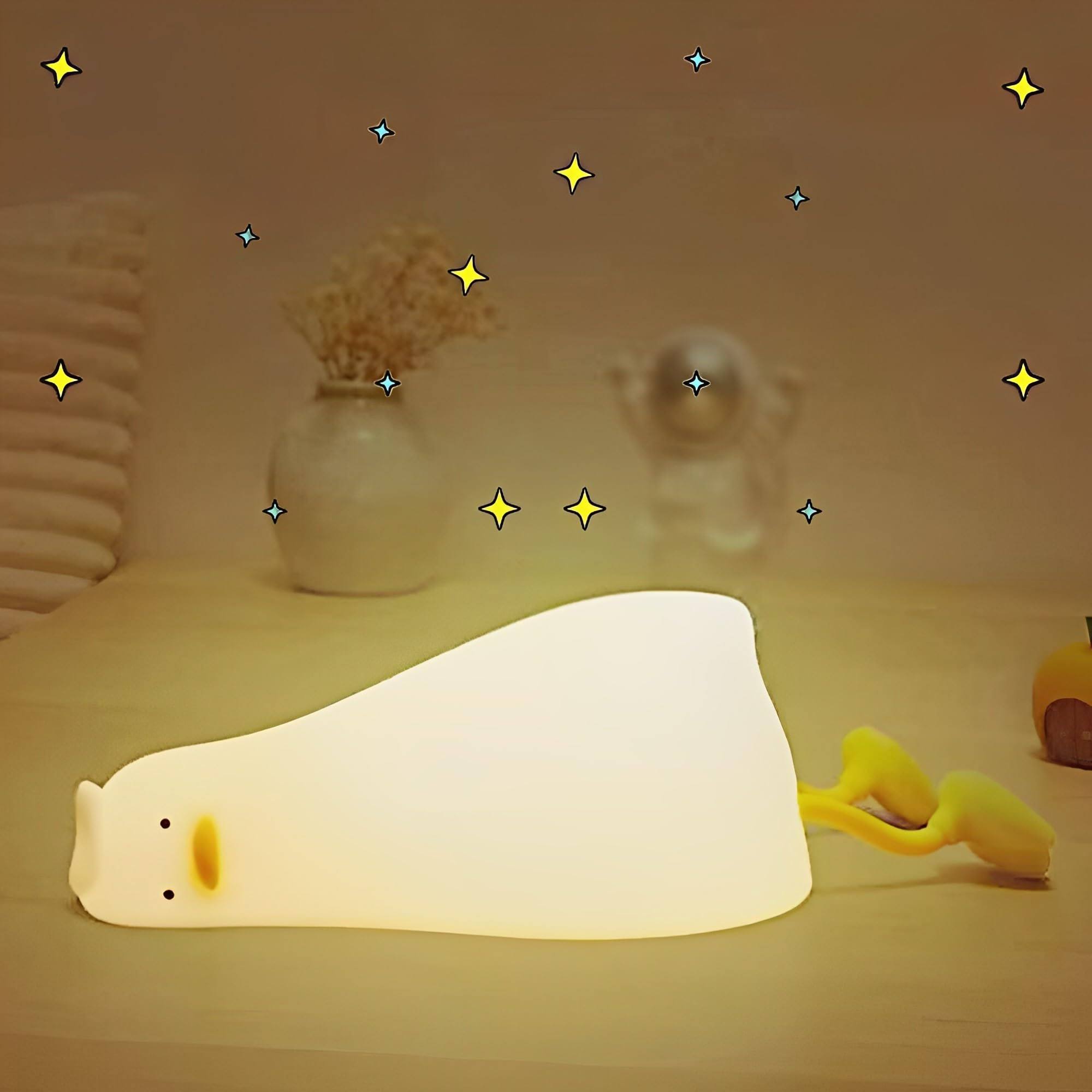 Crtivetoys Cute Lying Flat Duck Night Light for kids,Three Level Dimmable Touch Control LED Silicone Duck Lamp, Rechargeable Soft Lights for Bedside