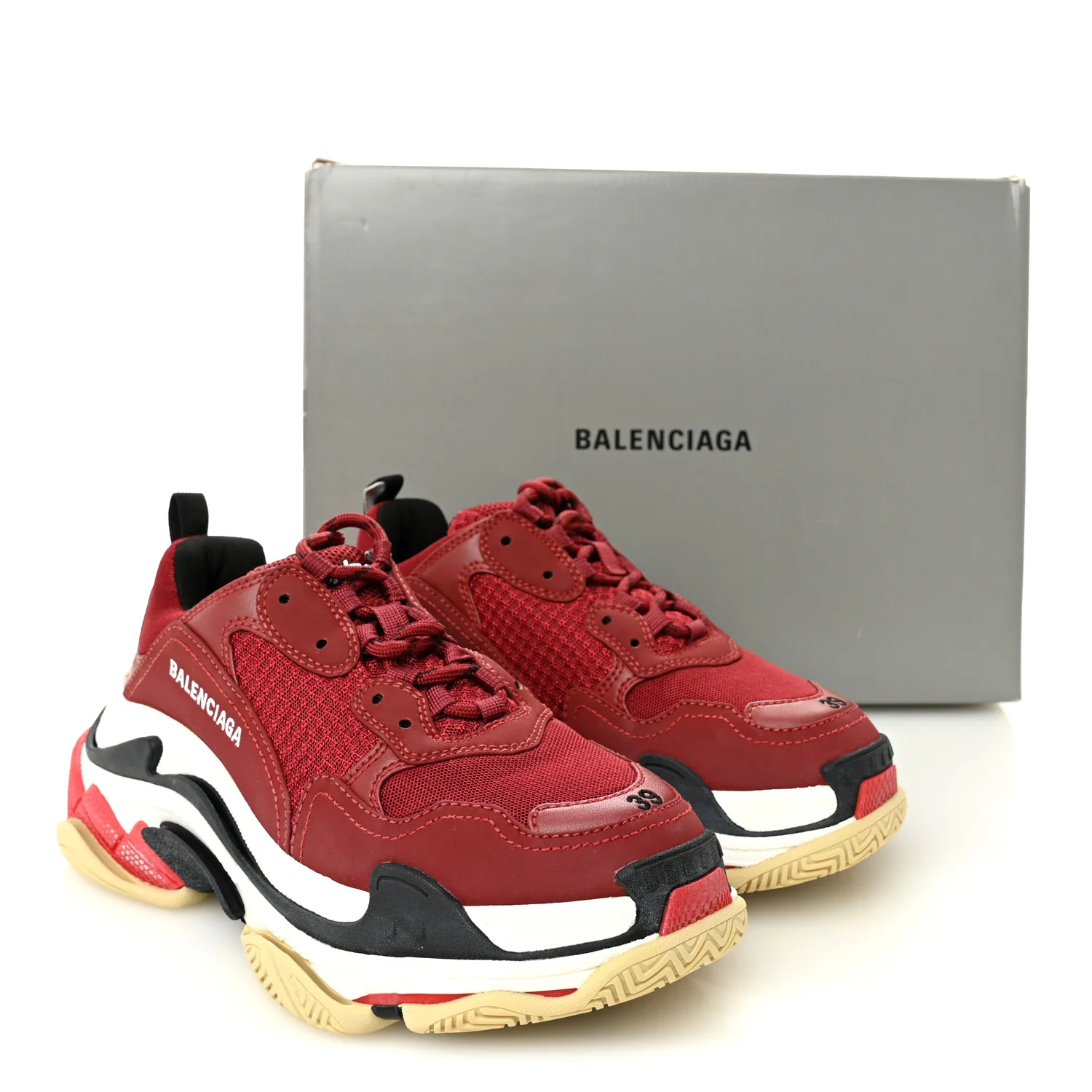 Fabric Mesh Washed Effect Womens Triple S Sneakers 39 Bordeaux Tricolor