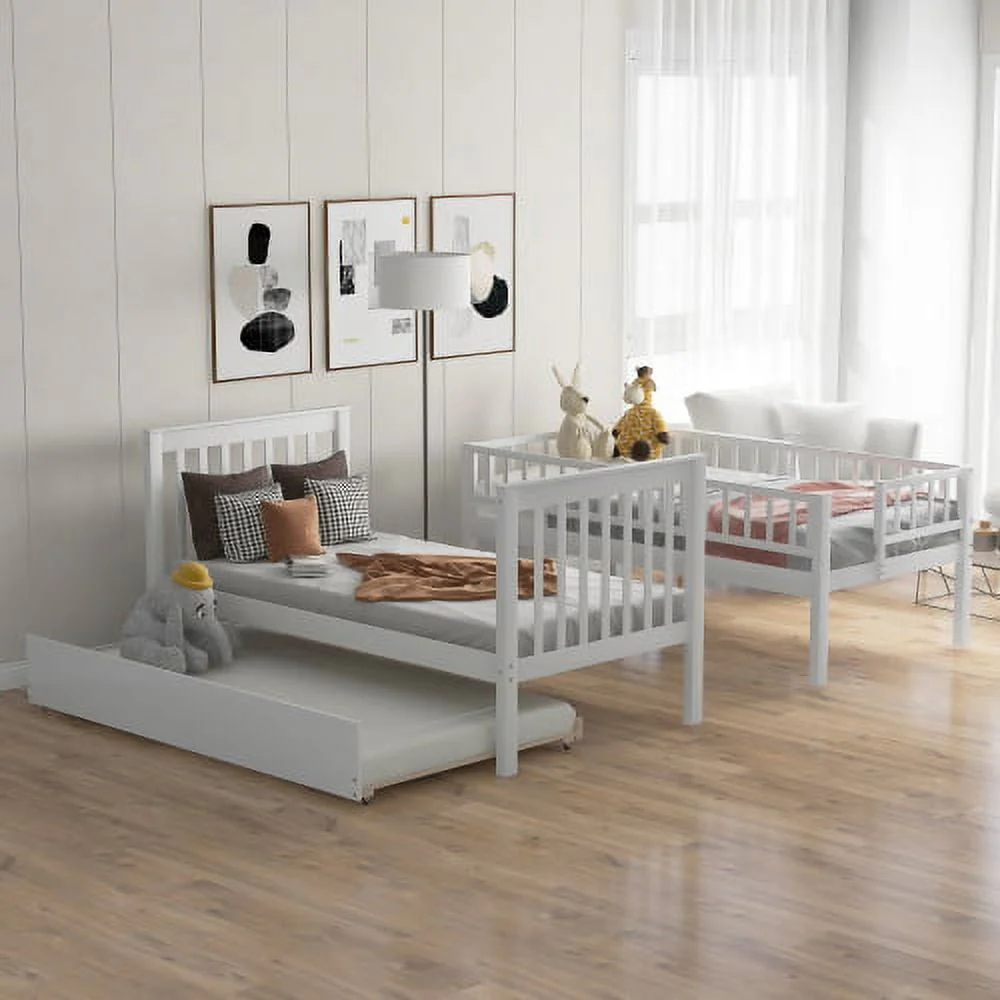 Twin over Twin Bunk Bed with Trundle and Storage Space, Convertible 3 Separate Beds Bunk Bed Frame with Full Length Guardrails and Storage Staircase, Solid WoodenTwin Bunk Bed for Girls, Boys, White - Image 3
