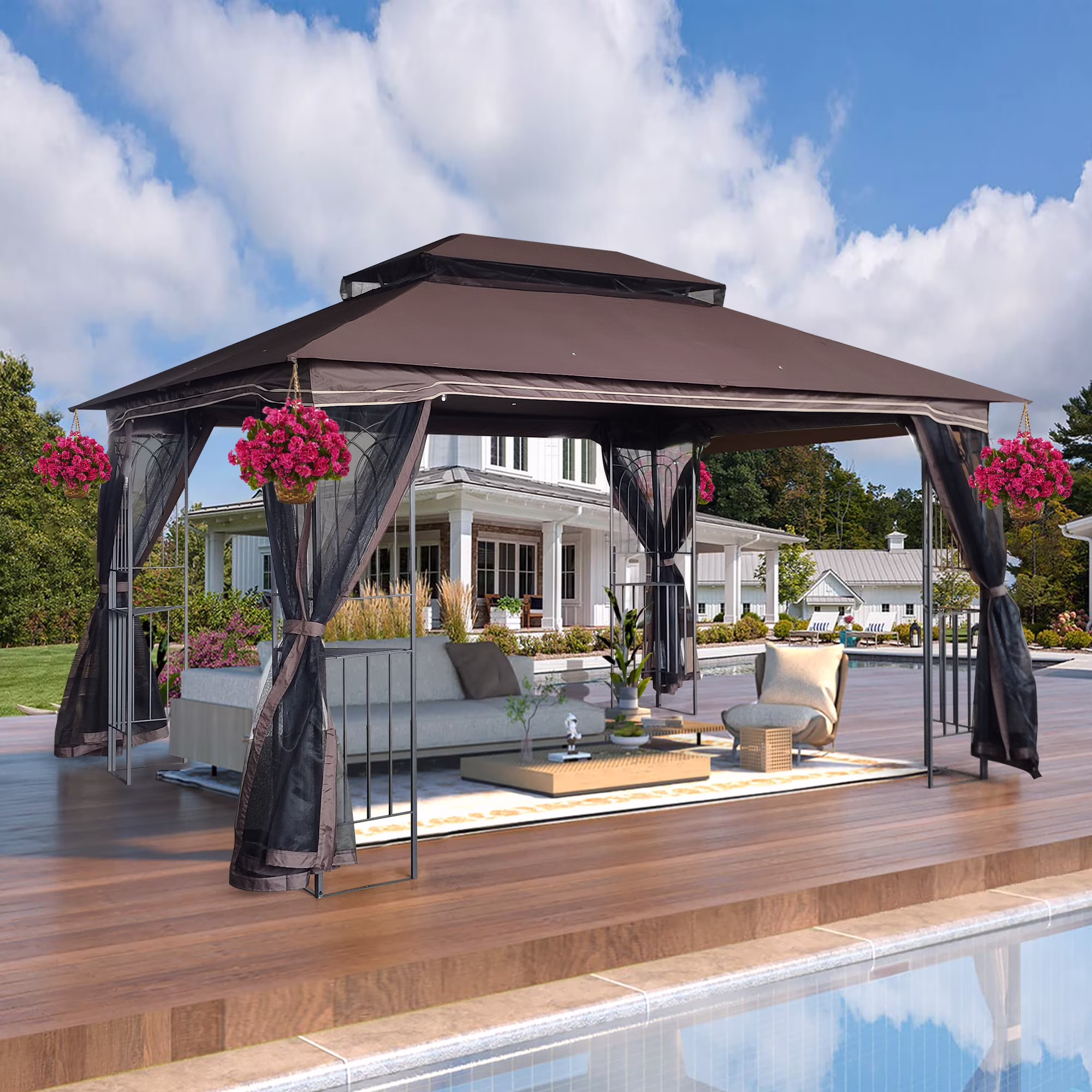 Perfect Garden 13x10ft Patio Gazebo, Metal Frame with Double Roof and Mosquito Net, Brown