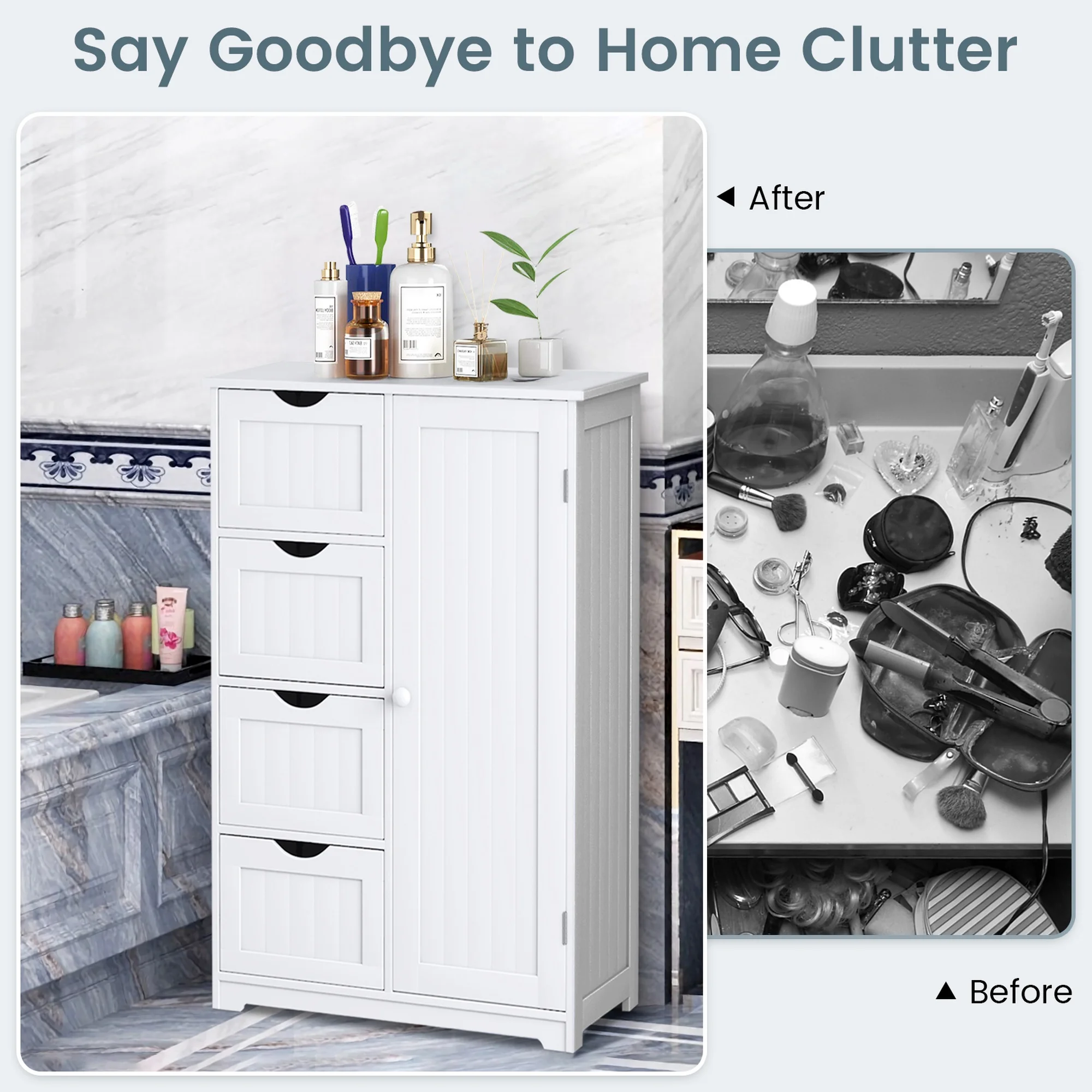 Bathroom Storage Wooden 4 Drawer Cabinet Cupboard 2 Shelves Free Standing White(White) - Image 8