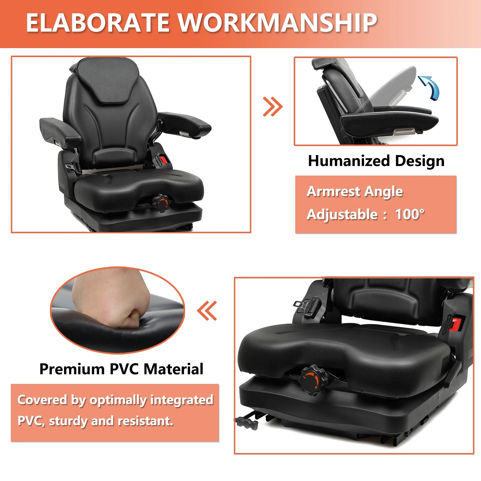 Highback Low Suspension Tractor Seat,Adjustable Backrest Headrest and Slide Rails Forklift seat,Adjustable Armrests Shock Absorber Heavy Duty for Excavator Harvester - Image 4