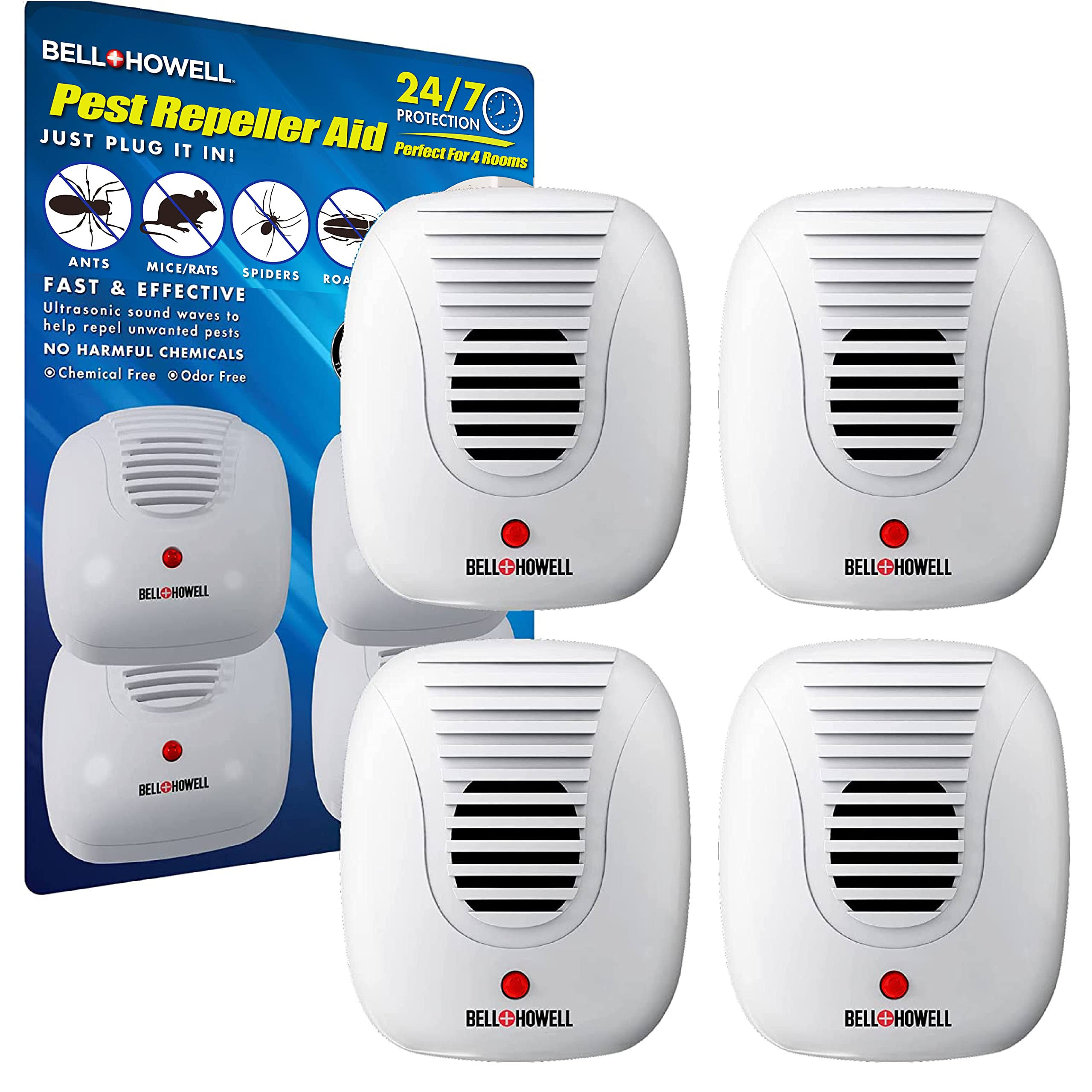 Bell + Howell Ultrasonic Pest Repeller Home Kit (Pack of 4), Ultrasonic Pest Repeller, Pest Repellent for Home, Bedroom, Office, Kitchen, Warehouse, H