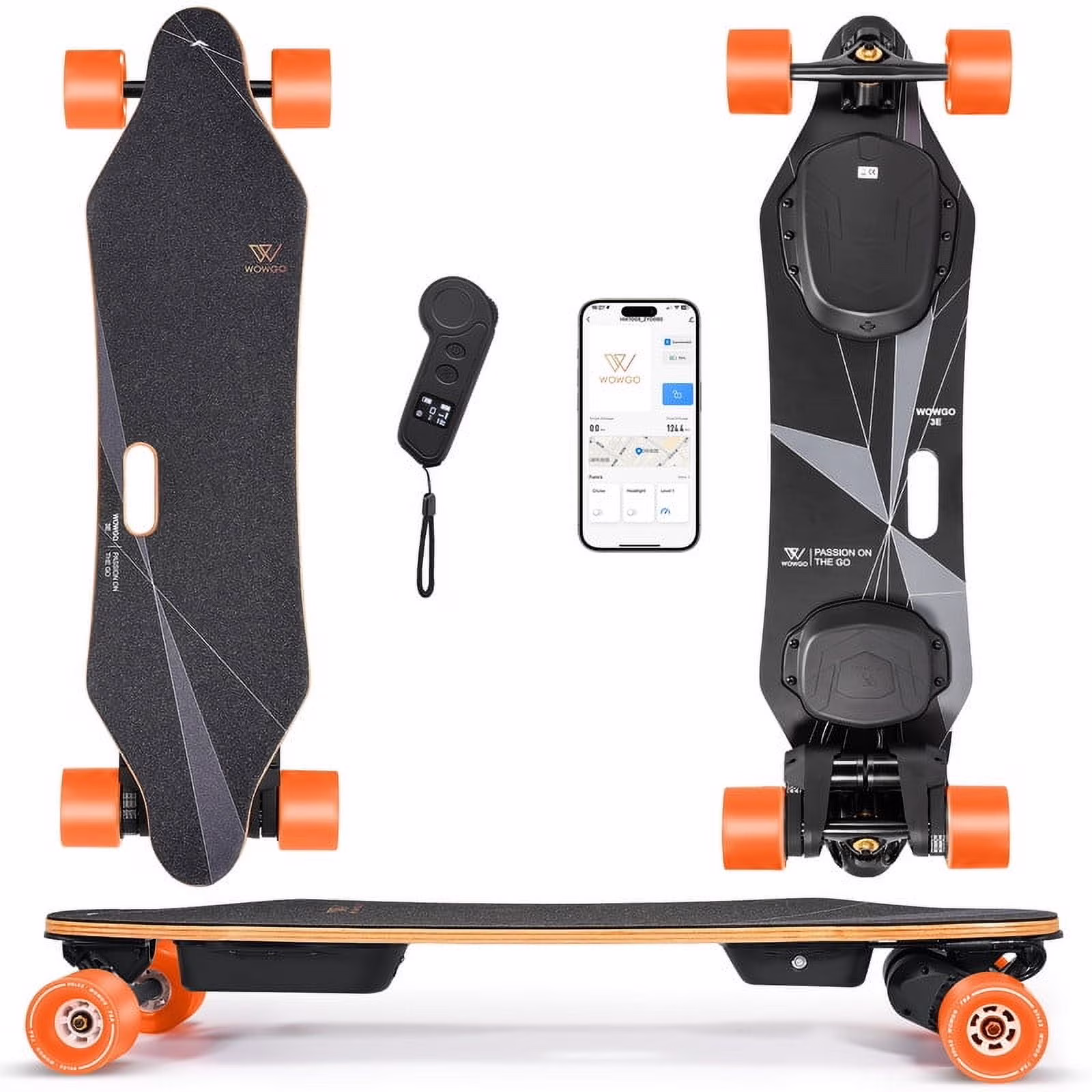 Wowgo 3E Electric Longboard Portable Lightweight E Skateboard with Dual Motors Belt, Black, 330ib