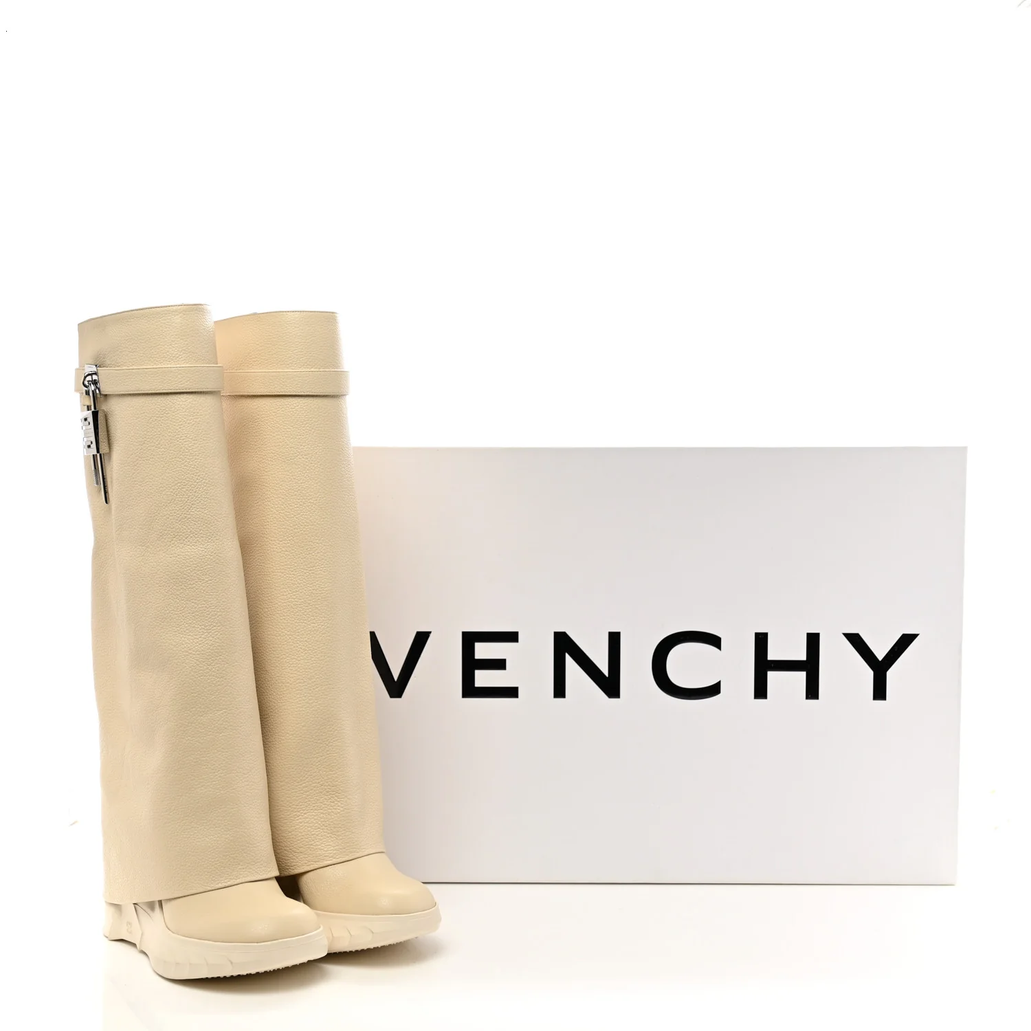Grained Calfskin Shark Lock Biker Knee Boots 40 Beige