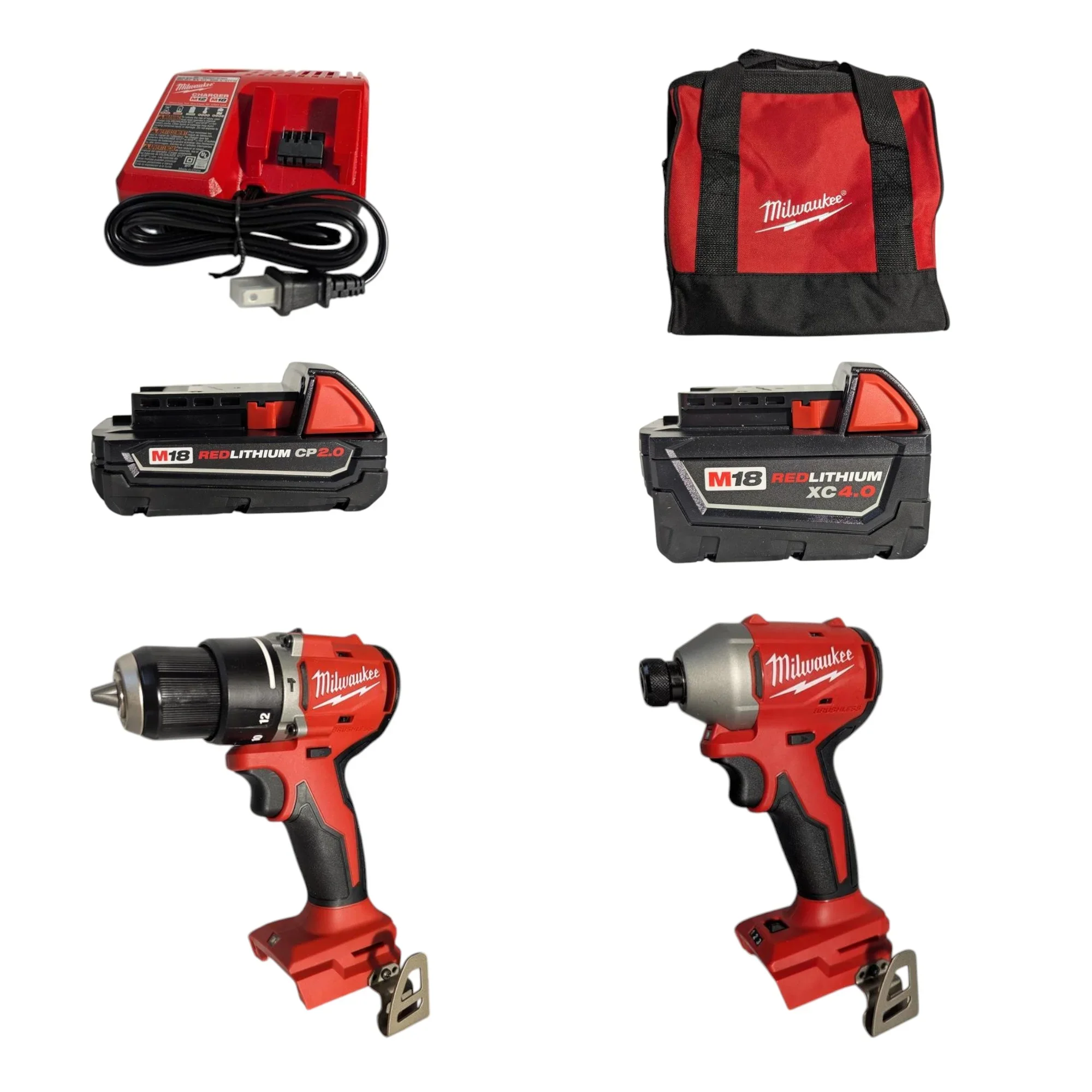 Milwaukee 3693-22CX M18 Compact Brushless 2-Tool Combo Kit �C 1/2 Hammer Drill & 1/4 Impact Driver with (2) Batteries, Charger & Bag - Ideal for Drilling, Fastening, and Wordworking Applications