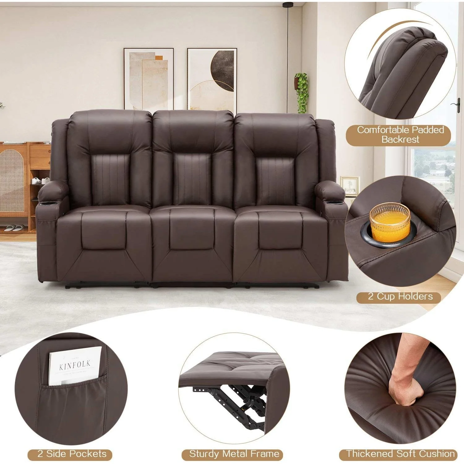 AECOJOY 3 Seater Reclining Sofa with 2 Cup Holders&Side Pockets, Brown