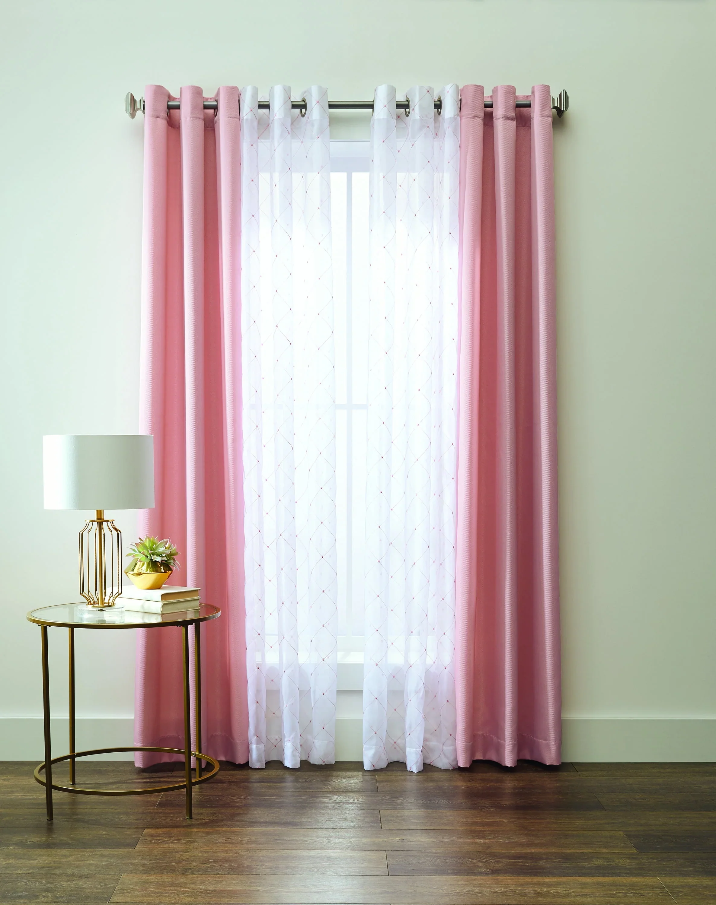 Better Homes & Gardens Blush Pink Embroidered Lattice Sheer & Twill Weave 4 Piece Curtain Set, 84
