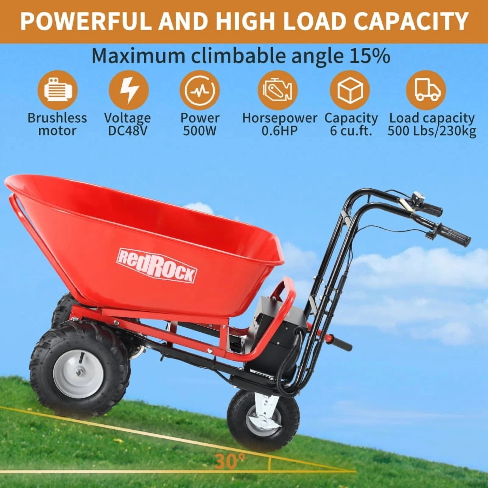 Wheelbarrow Utility Cart Electric Powered Cart 48V28Ah 500W Capacity 500lbs (230kg) Material Debris Hauler 1000lbs Towing - Image 3