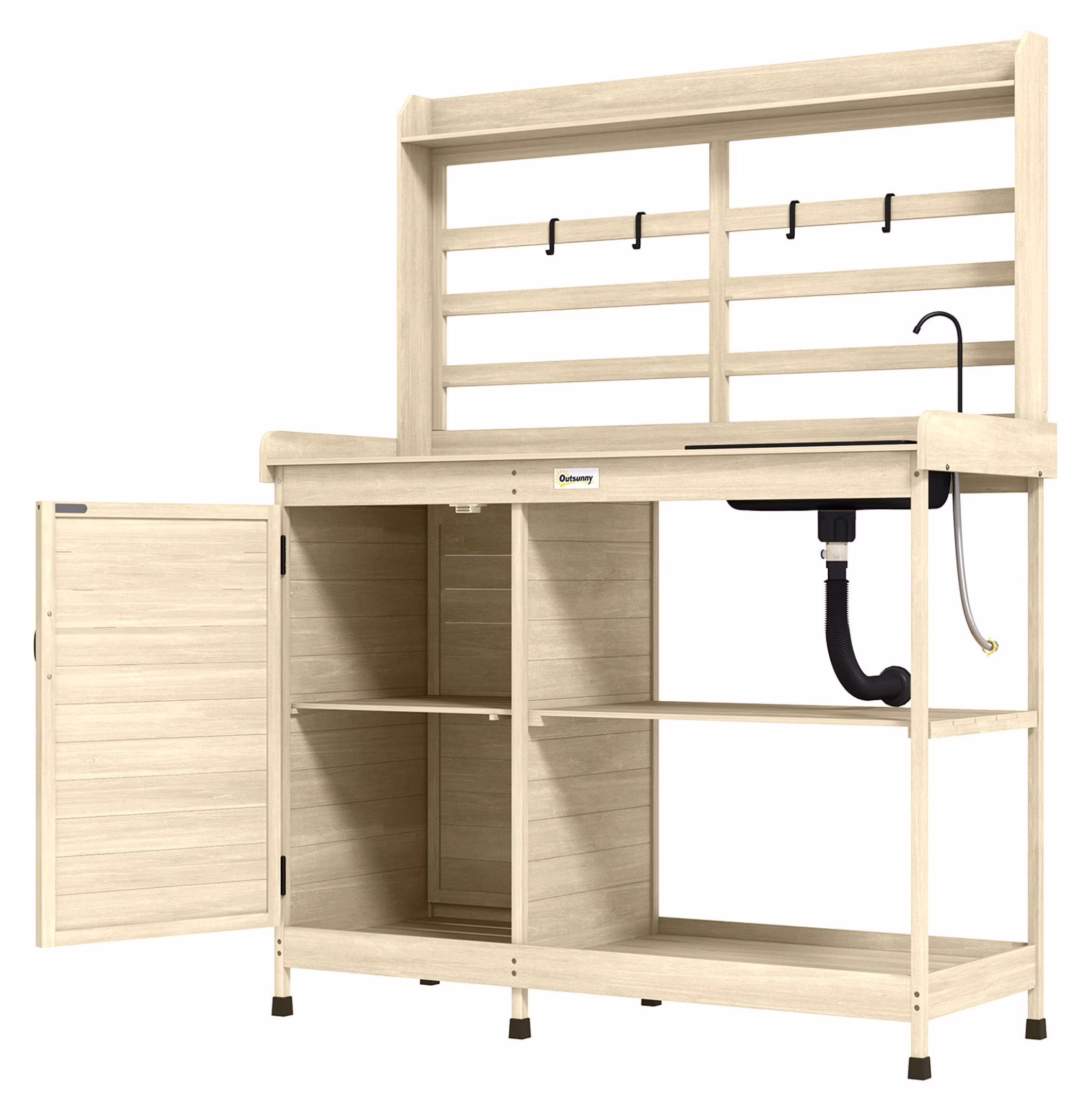 Wooden Potting Bench with Storage, Sink & Tap - Outdoor Gardening Station for Patio, Backyard, Balcony - Natural Finish