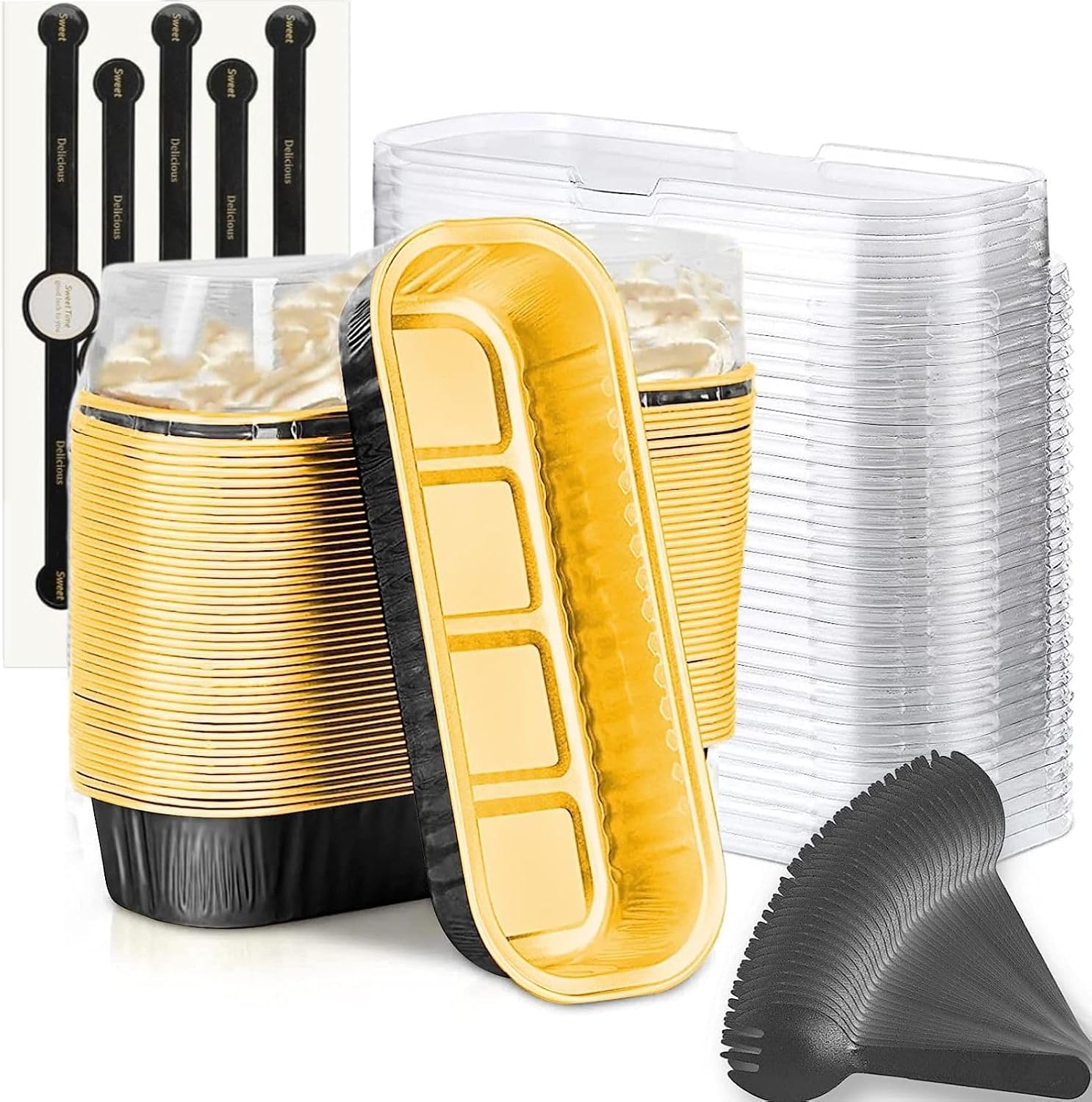 Findful Mini Loaf Baking Pans with Lids and Spoons (50 Pack, 6.8oz) Rectangular Aluminum Foil Baking Pans Tins Containers - Cupcake Containers Wrappers Cheesecake Creme Brulee Ramekins