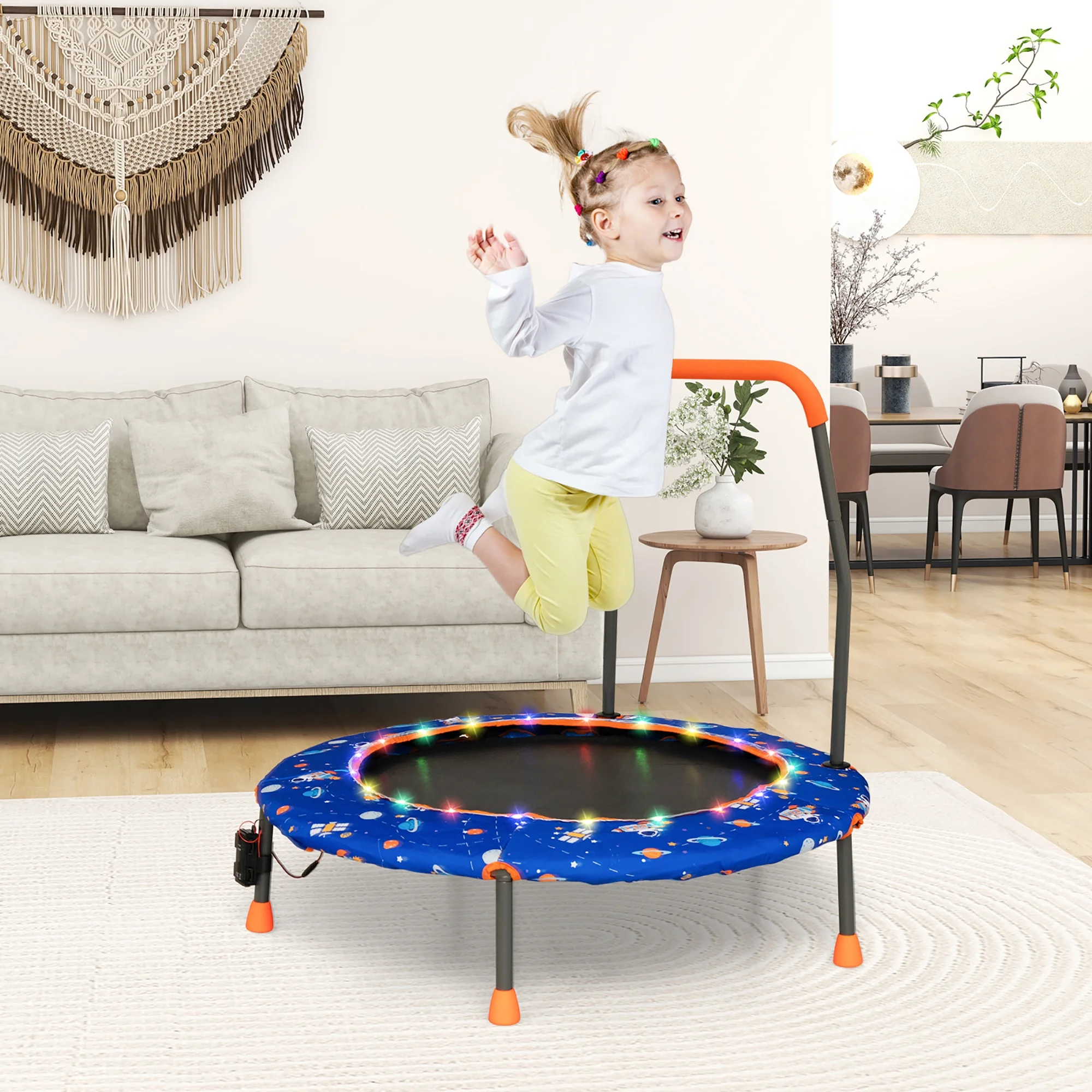36'' Mini Toddler Trampoline w/ LED Bluetooth Speaker Detachable Handle Kids Gifts Blue - Image 2