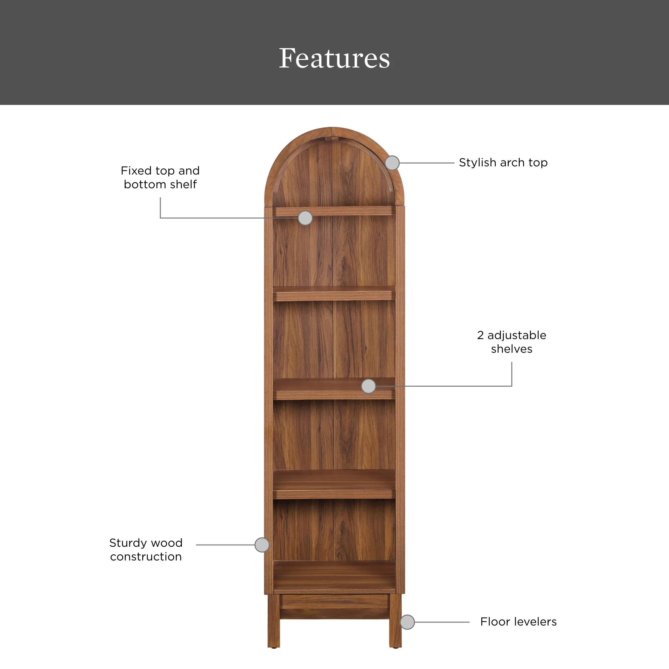 Better Homes & Gardens Juliet Narrow Arch Bookcase, Rich Black and Light Honey