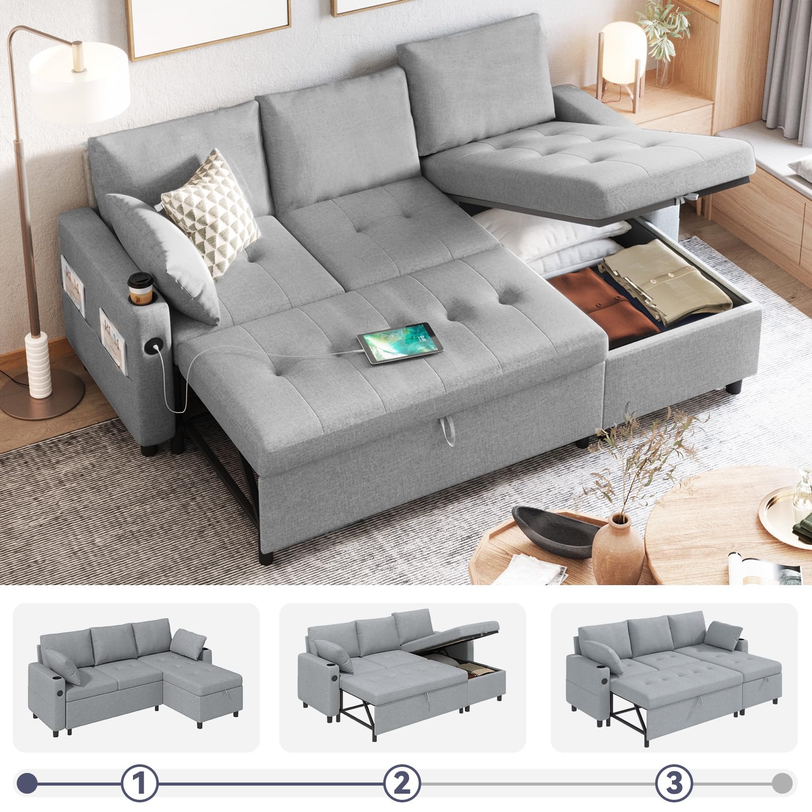 AECOJOY Sleeper Sofa Couch with Pullout Bed, Linen Fabric, Gray