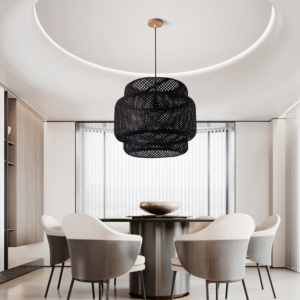 Arturesthome Vintage Chandelie Bamboo Woven Pendant Light Hanging Ceiling Lamp Decor Black