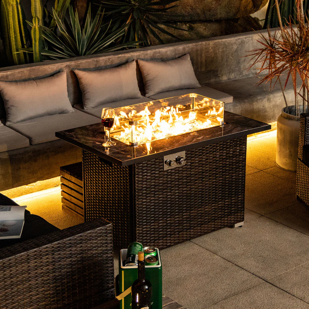 AECOJOY 44 inch Outdoor Propane Fire Pit 50,000 BTU Gas Fire Pit Table with Lid, Glass Wind Guard