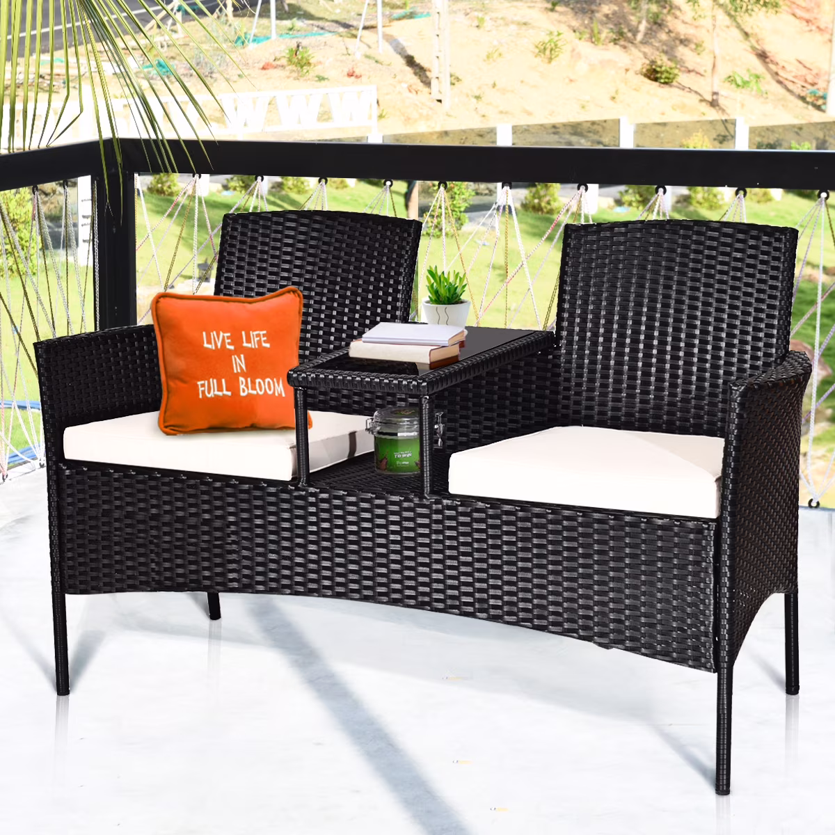Patio Rattan Conversation Set Seat Sofa Cushioned Loveseat Chairs Turquoise(Turquoise) - Image 3