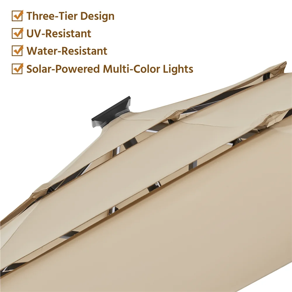 10 Ft Outdoor Patio Parasol with Color-Changing LED Strip, Tan(Beige) - Image 8