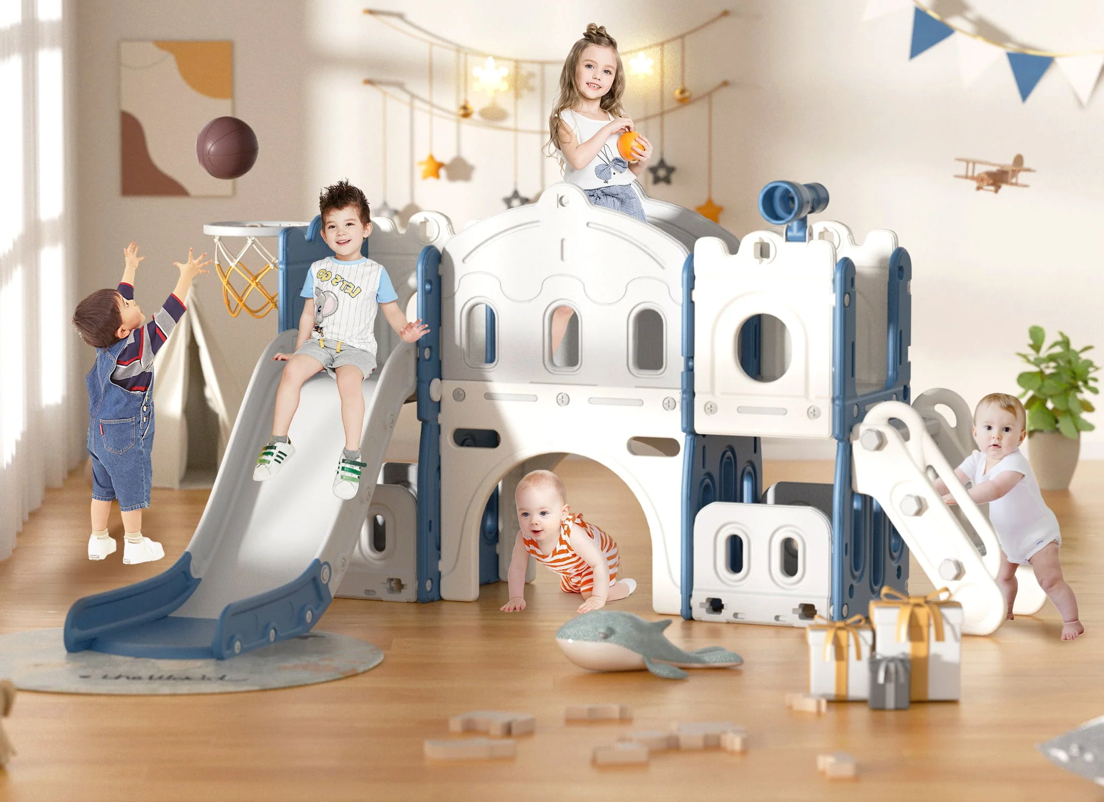 KORIMEFA 8 in 1 Kids Slide Set with Climber, Toddler Climber Slide Play Set with Basketball Hoop, Tunnel, Toddler Playground Outdoor Indoor layground Slide Playset Age 1+ Image 10