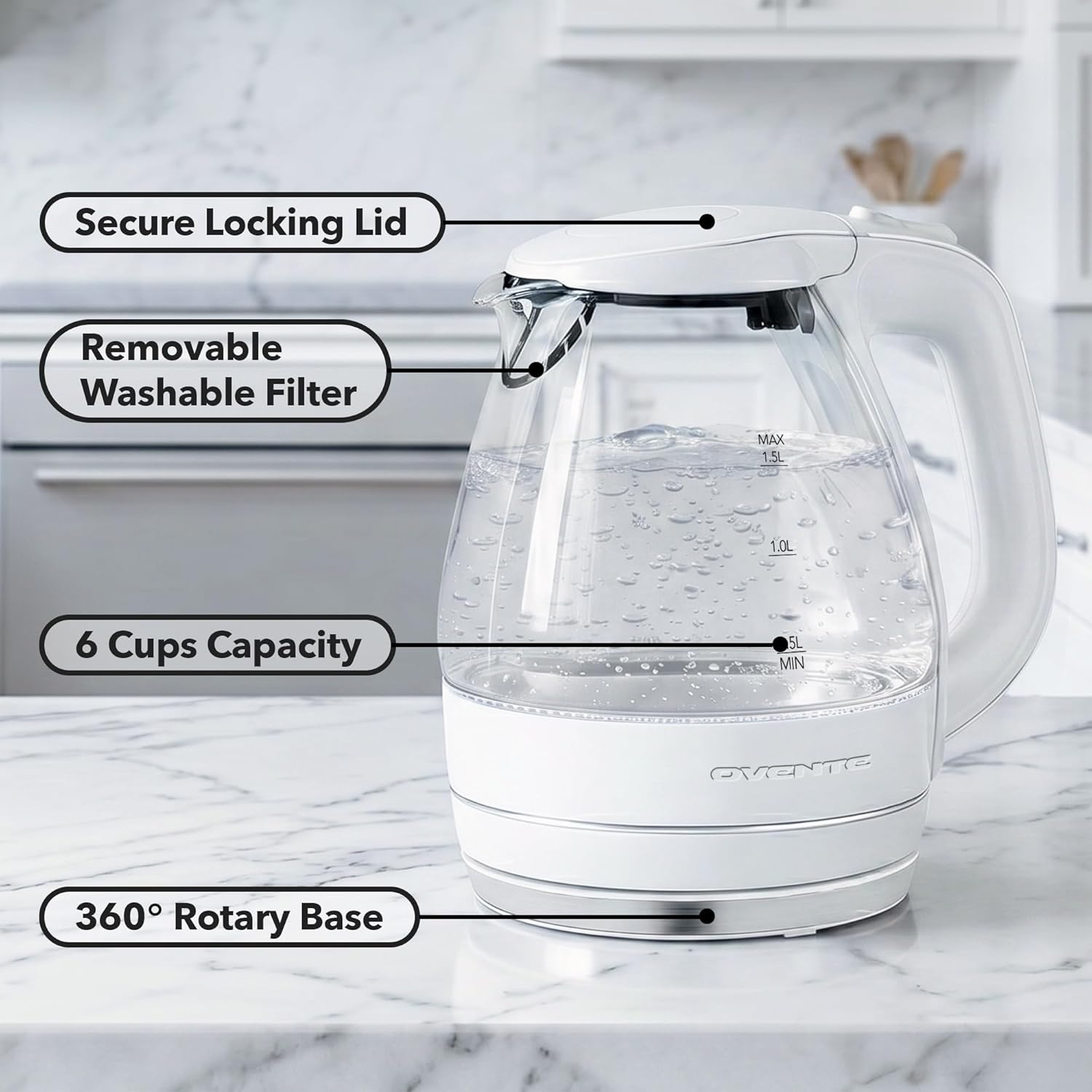 OVENTE 1.5L Glass Electric Kettle Water Boiler, White KG83W