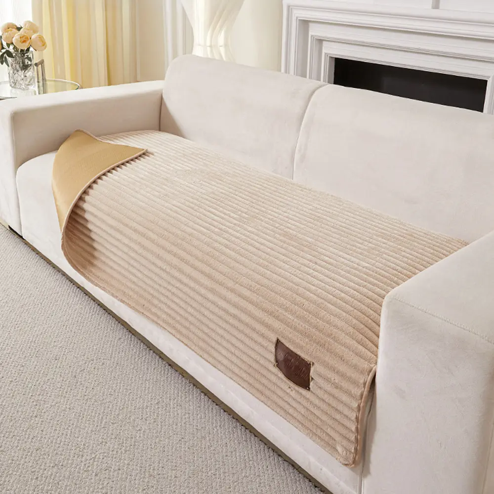 Furry Striped Sofa Protection Non-Slip Plush Couch Cover - Solid