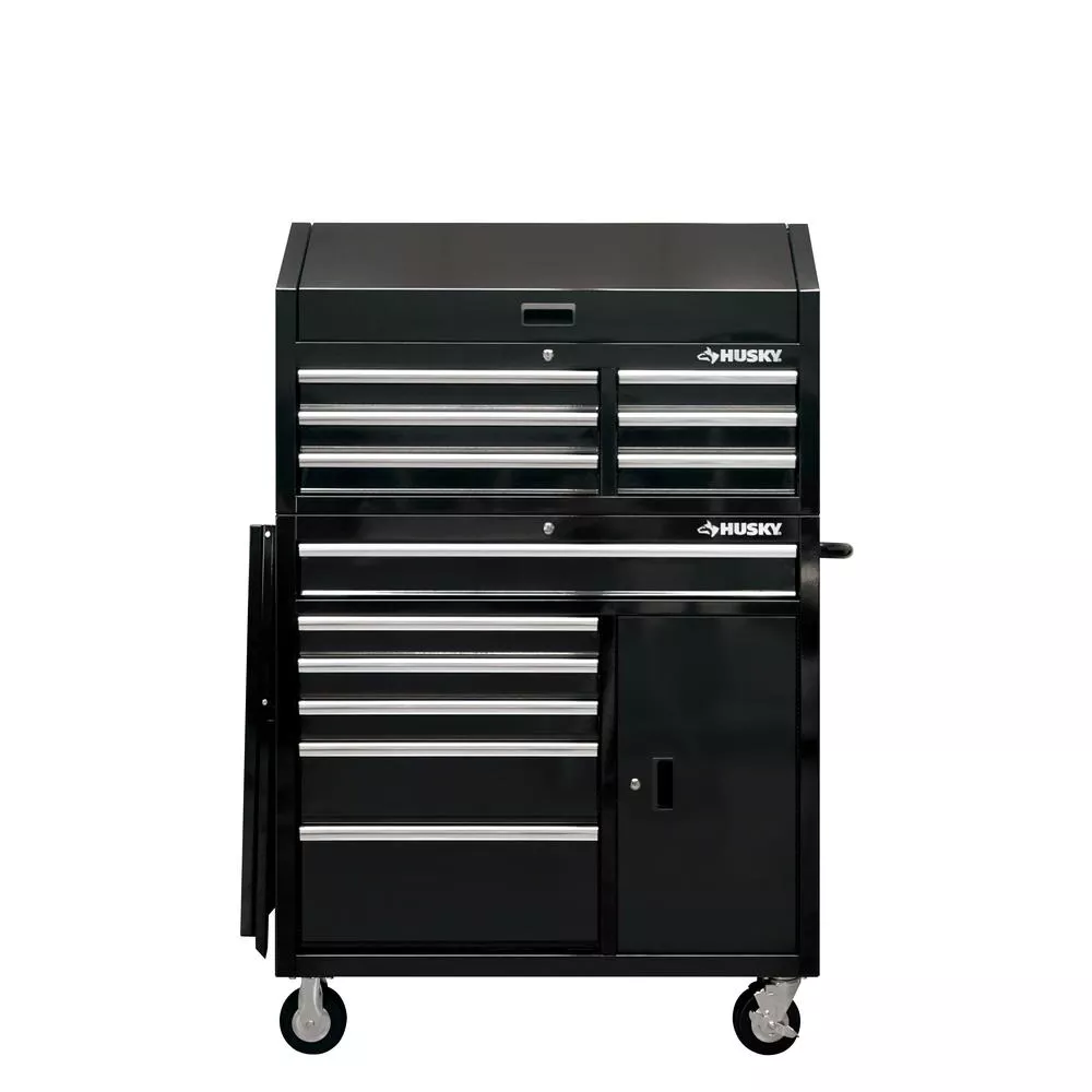 Ensemble coffre à outils et armoire à roulettes de 104 cm de large et 12 tiroirs de profondeur, finition noir brillant, avec table d'appoint