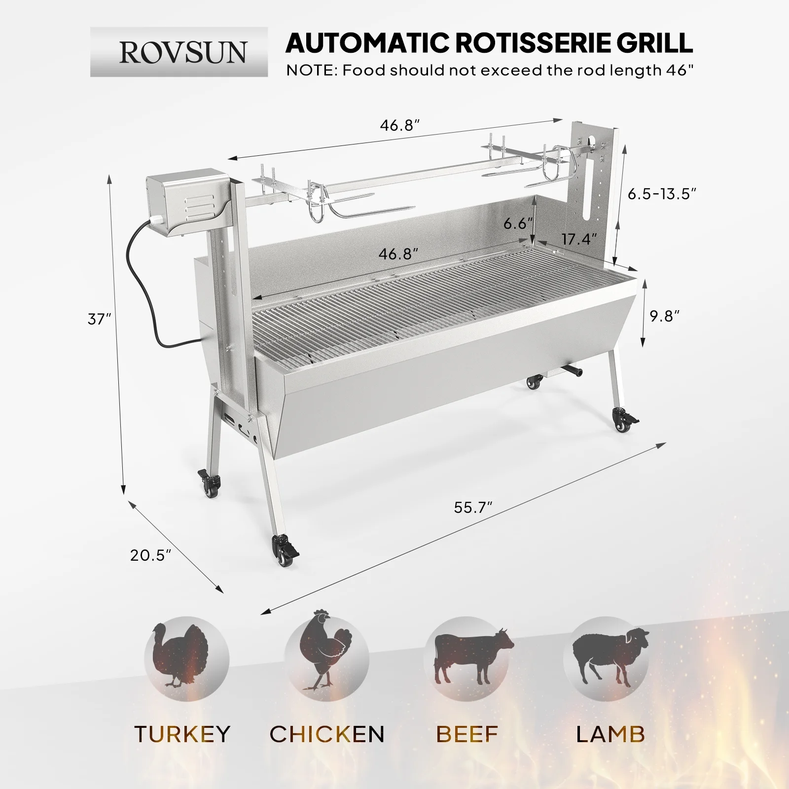 46 Electric Rotisserie Grill 176 lbs Capacity 25w Pig Lamb Spit Roaster Rotisserie w/Lockable Wheels Wind Baffle with Adjustable Height(46" Length) - Image 8
