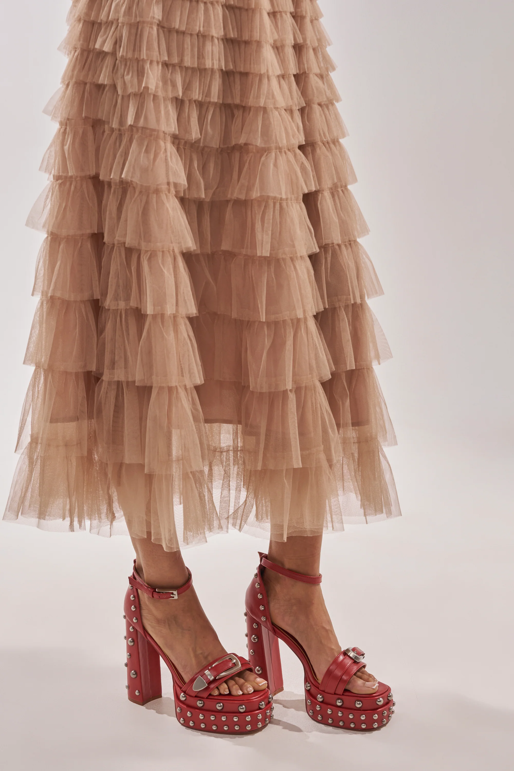 AZALEA WANG EUGENIJA RED CHUNKY EMBELLISHED STUDDED SANDAL - Akira Store