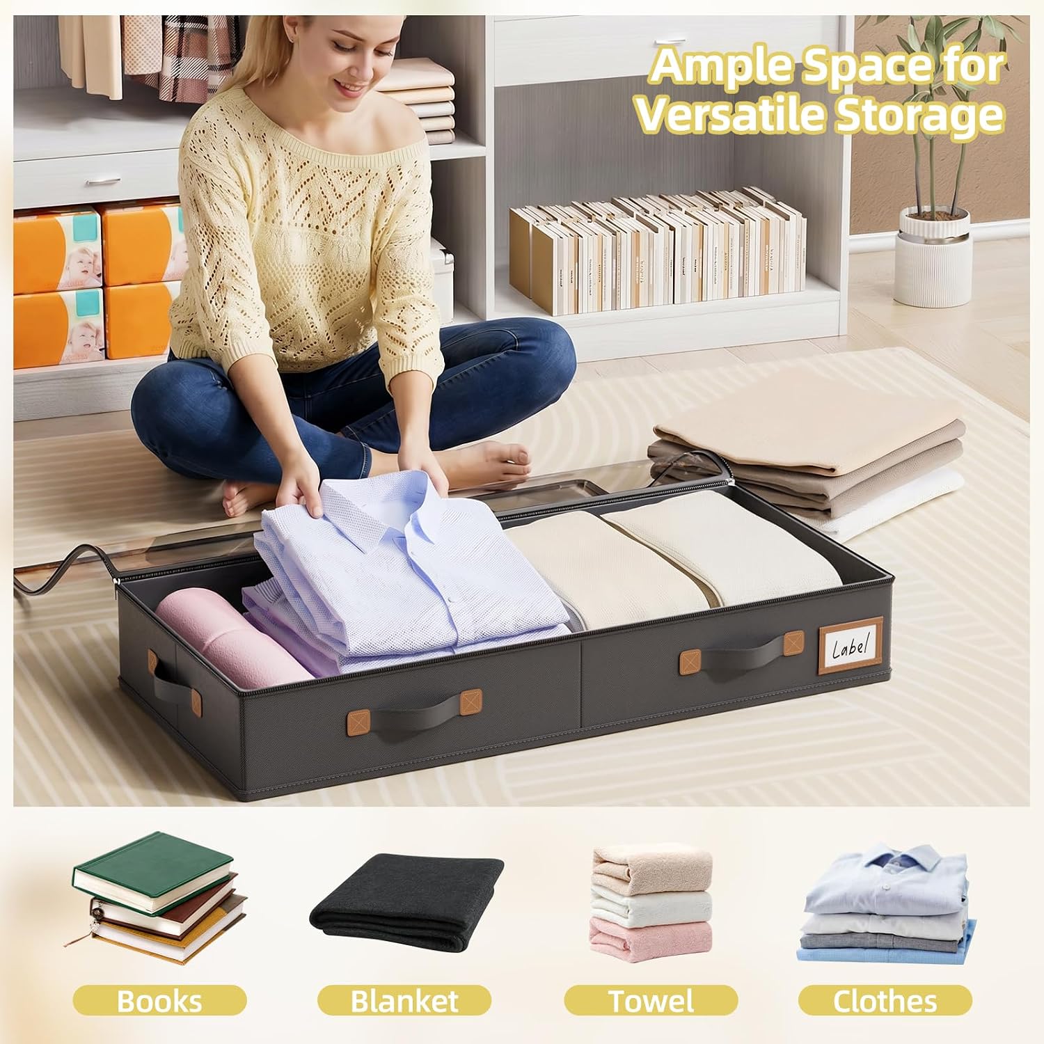 FHSQX Under Bed Storage Container 2Pack 4.5 Inches Low Profile Under-bed Organizer Bins Slim Under Couch Storage Box Ideal For Seasonal Clothes Blankets Towel Fabric (2, Black, 31.5 * 17 * 4.5in)