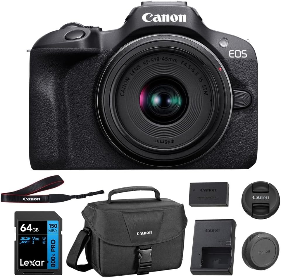Canon EOS R100 Mirrorless Camera with RF-S18-45mm F4.5-6.3 IS STM Lens Kit  24.1 Megapixel CMOS (APS-C) Sensor  4K Video  RF Mount | Black Bundled with 64GB Memory Card & Camera Shoulder Bag (3 Items)