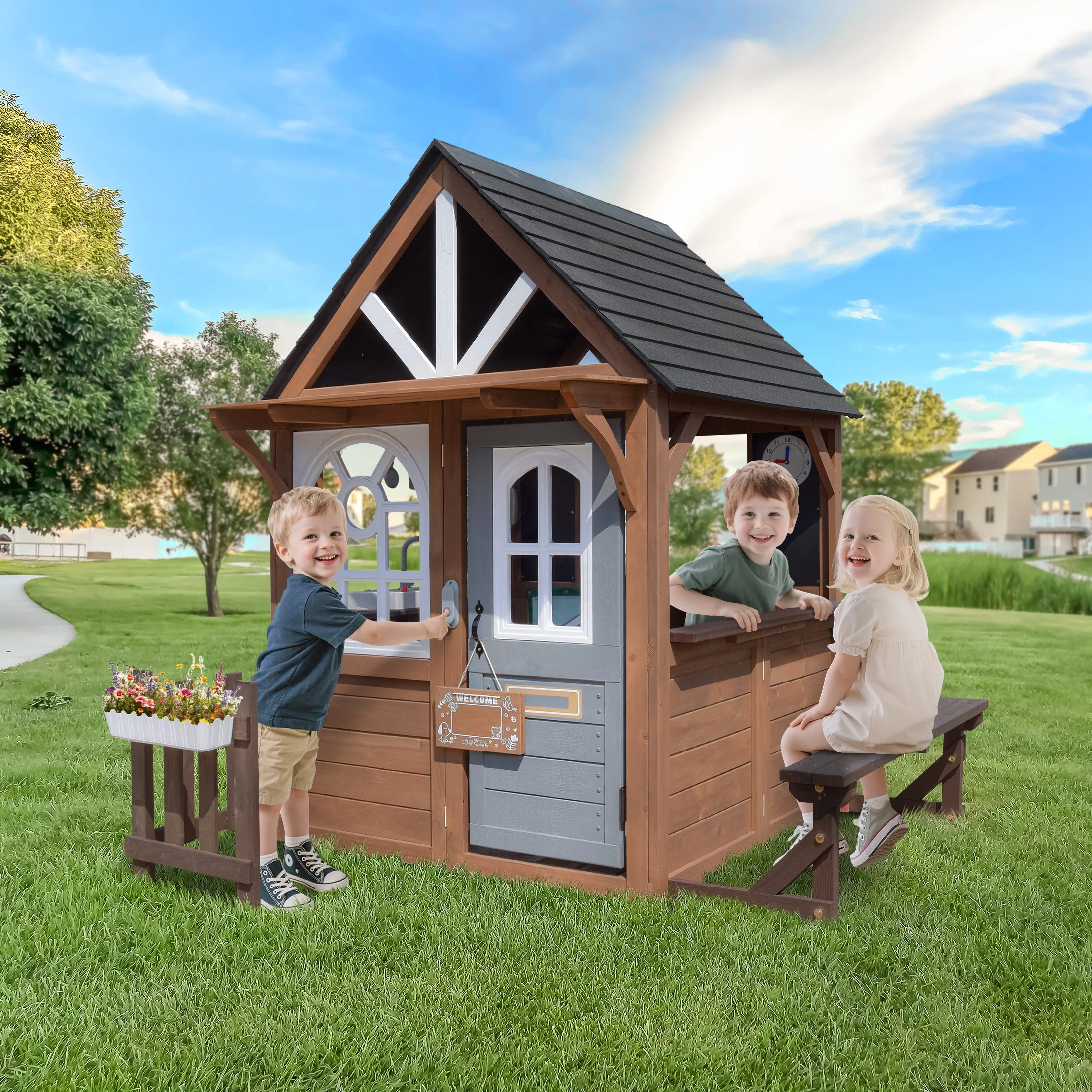 Outdoor Playhouse, Wooden Playhouse for Kids Toddlers, Large Kids Playhouse with Bench/Fence/Kitchen/Door Nameplate/Pretend Phone, Girls Boys Outdoor Toy Gift for Ages 3+, (62.99"W* 67.32"L) - Image 2