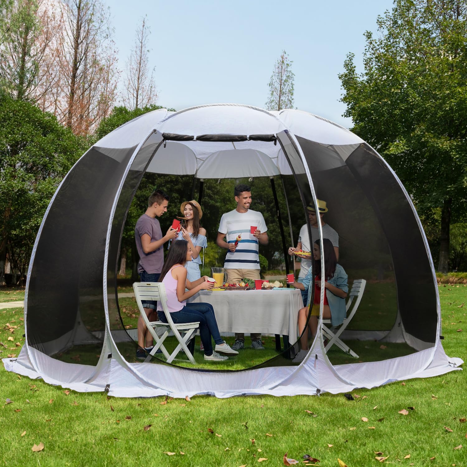 Gazebo moustiquaire pouvant accueillir 6, 10 ou 15 personnes. Tente de style igloo avec moustiquaire latérale. Idéal