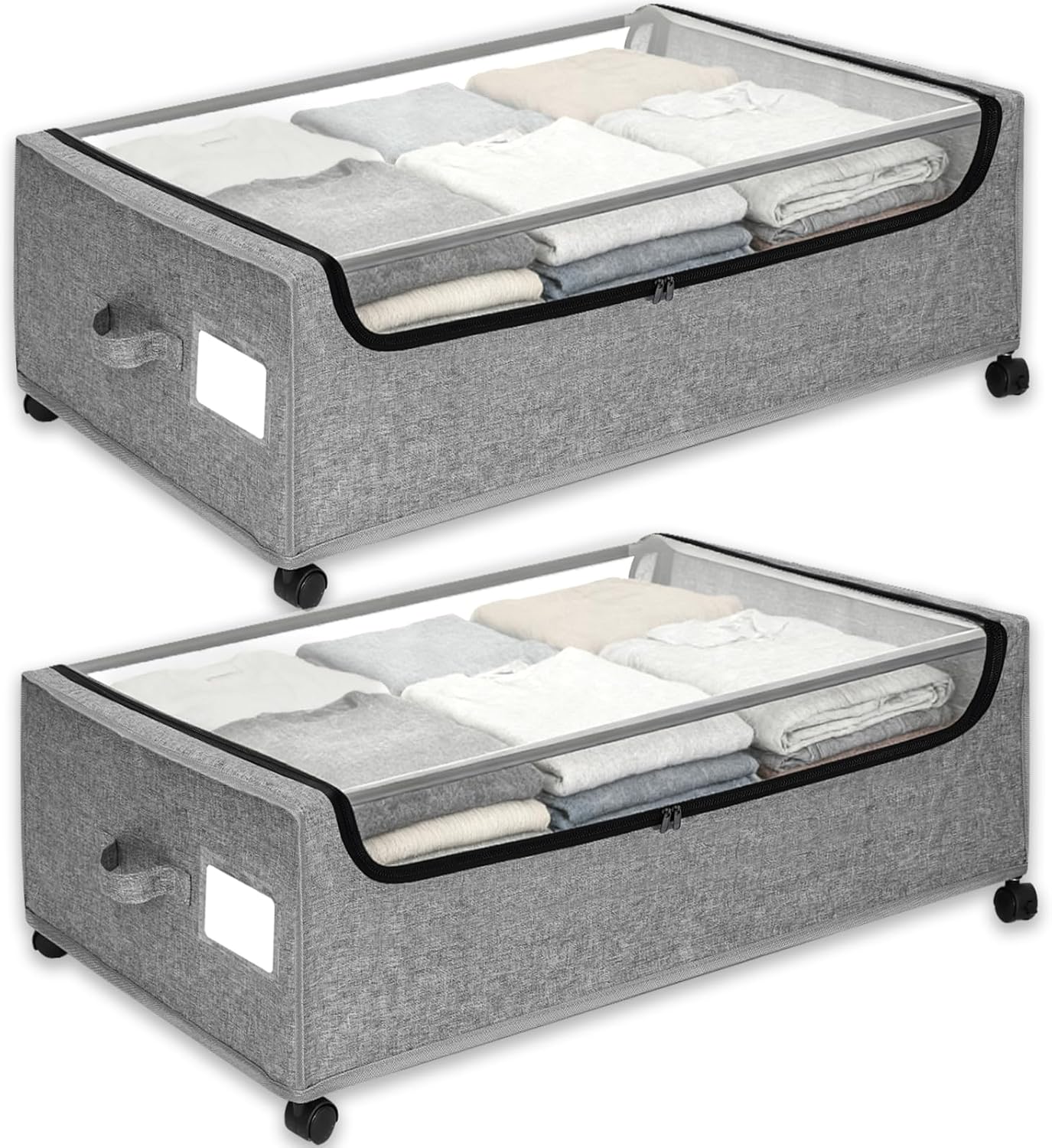 Under Bed Storage with Wheels, 2-Pack Under the Bed Storage Containers with Clear Lids & Labels, Underbed Storage Bins, XXXL 85L 11 inches Rolling Metal Drawer for Clothes, Shoes, Toys, Books - Gray