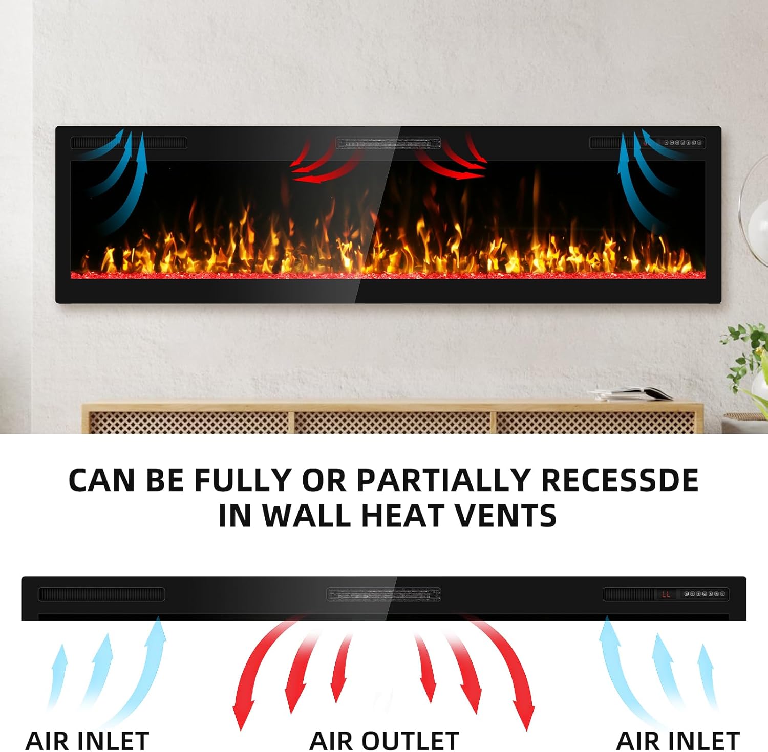 68 inch Electric Fireplace Inserts and Wall Mounted with Remote Control & Touch Screen 1500W Fireplace Heater Ultra Narrow Frame