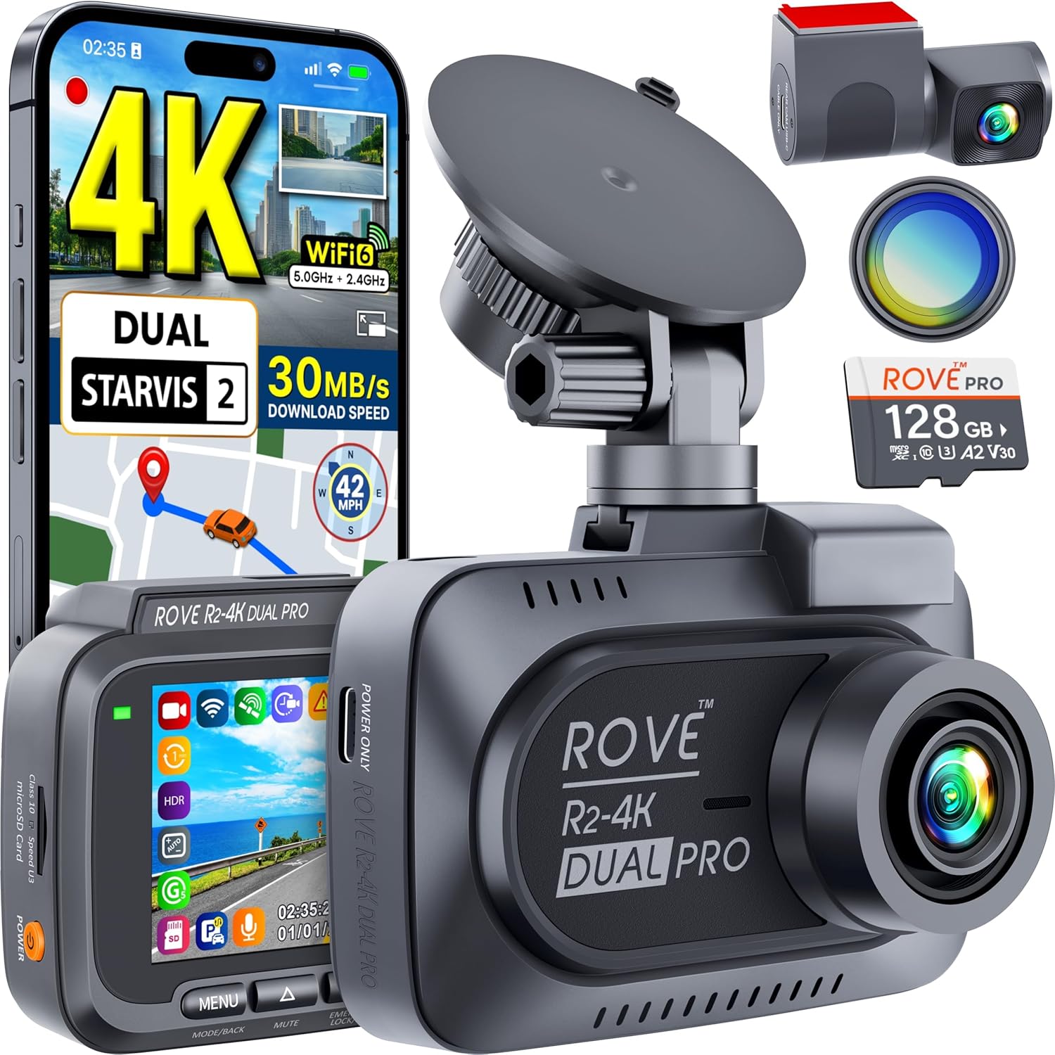ROVE R2-4K Dual PRO Dash Cam Front and Rear  True 4K+2K Dash Camera for Cars  STARVIS 2 IMX678 + IMX675 Sensors  Free 128GB Card + CPL  WiFi 6 - up to 30MB/s Download Speed  3