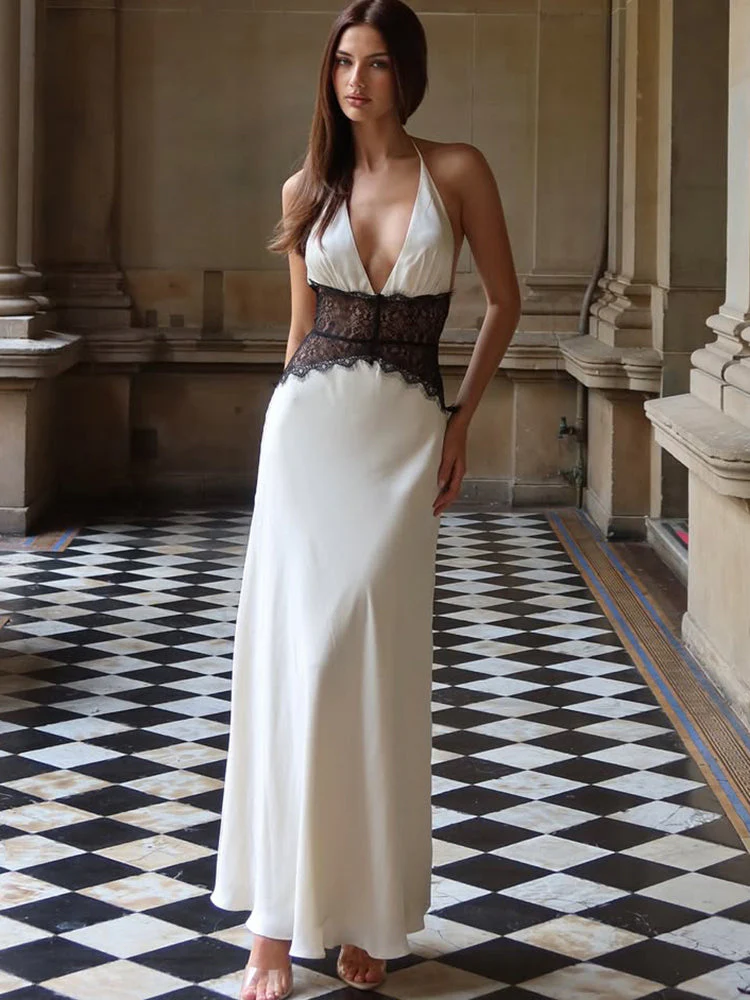 Robe Maxi Dos Nu à Panneaux en Dentelle et Col Halter