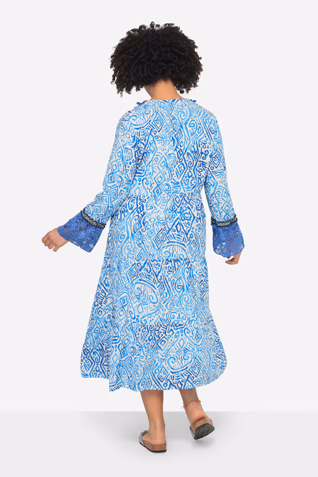 3/4-Sleeve A-Line All-Over Print Tunic Neckline Maxi Dress