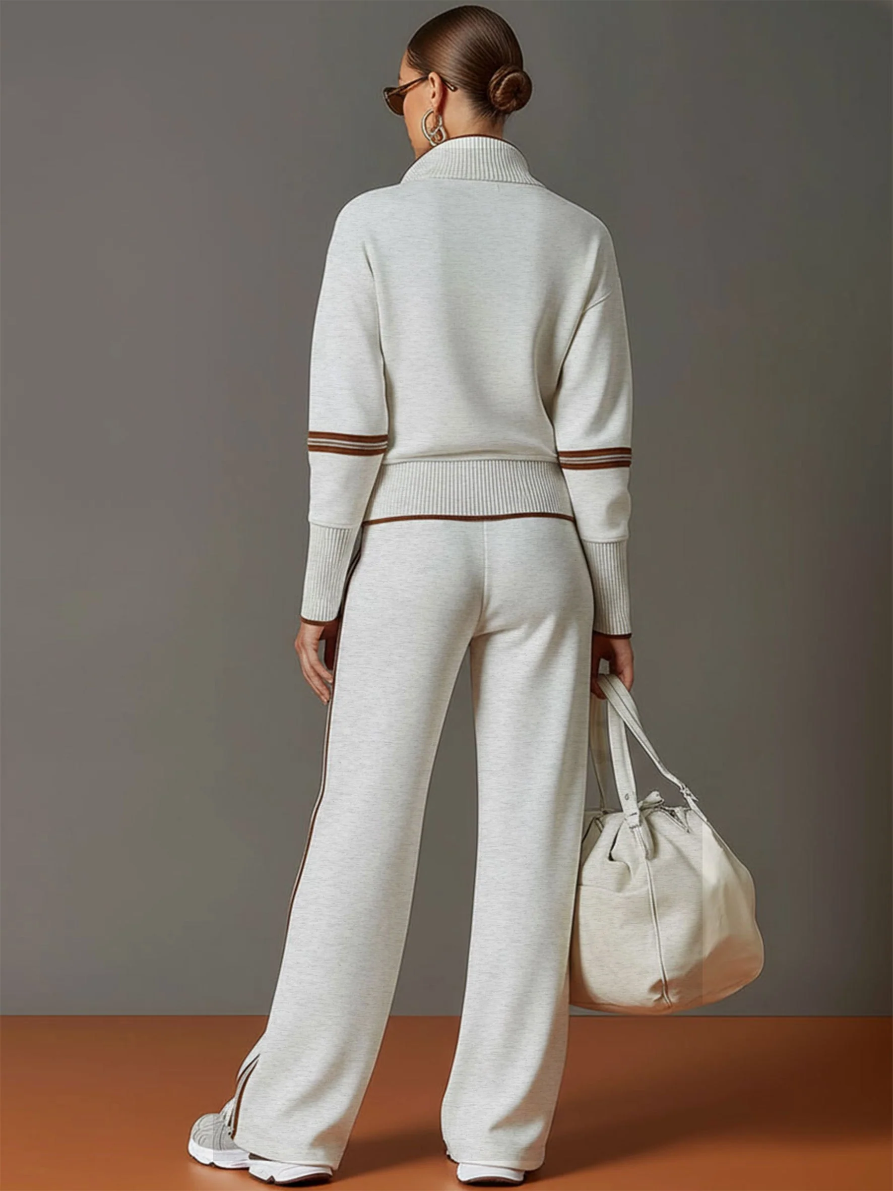 Ensemble sweat à demi-fermeture éclair et pantalon à jambes larges