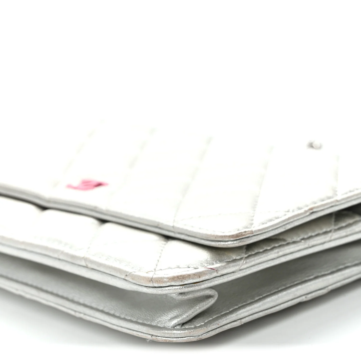 Metallic Lambskin Quilted Wallet On Chain WOC Silver