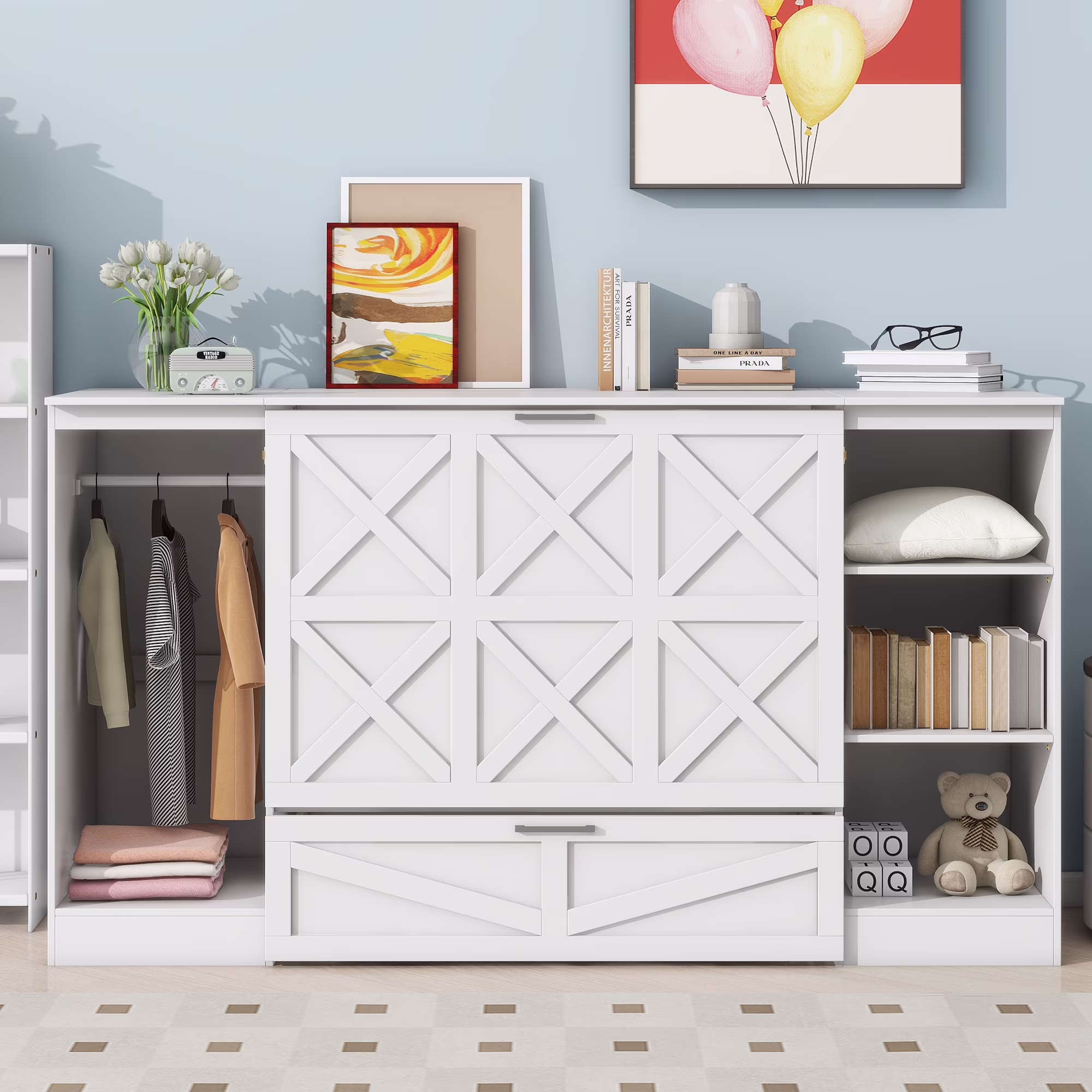 Euroco Wood Twin Size Murphy Bed with Wardrobe and Shelves for Kids Teens Living Room