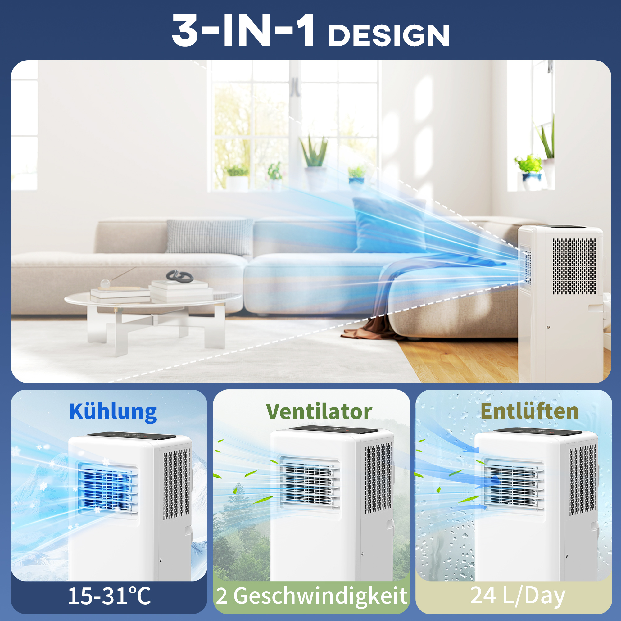 HOMCOM Draagbare Airconditioner met Meerdere Standen, LED-Display, Timer en Wielen, Wit