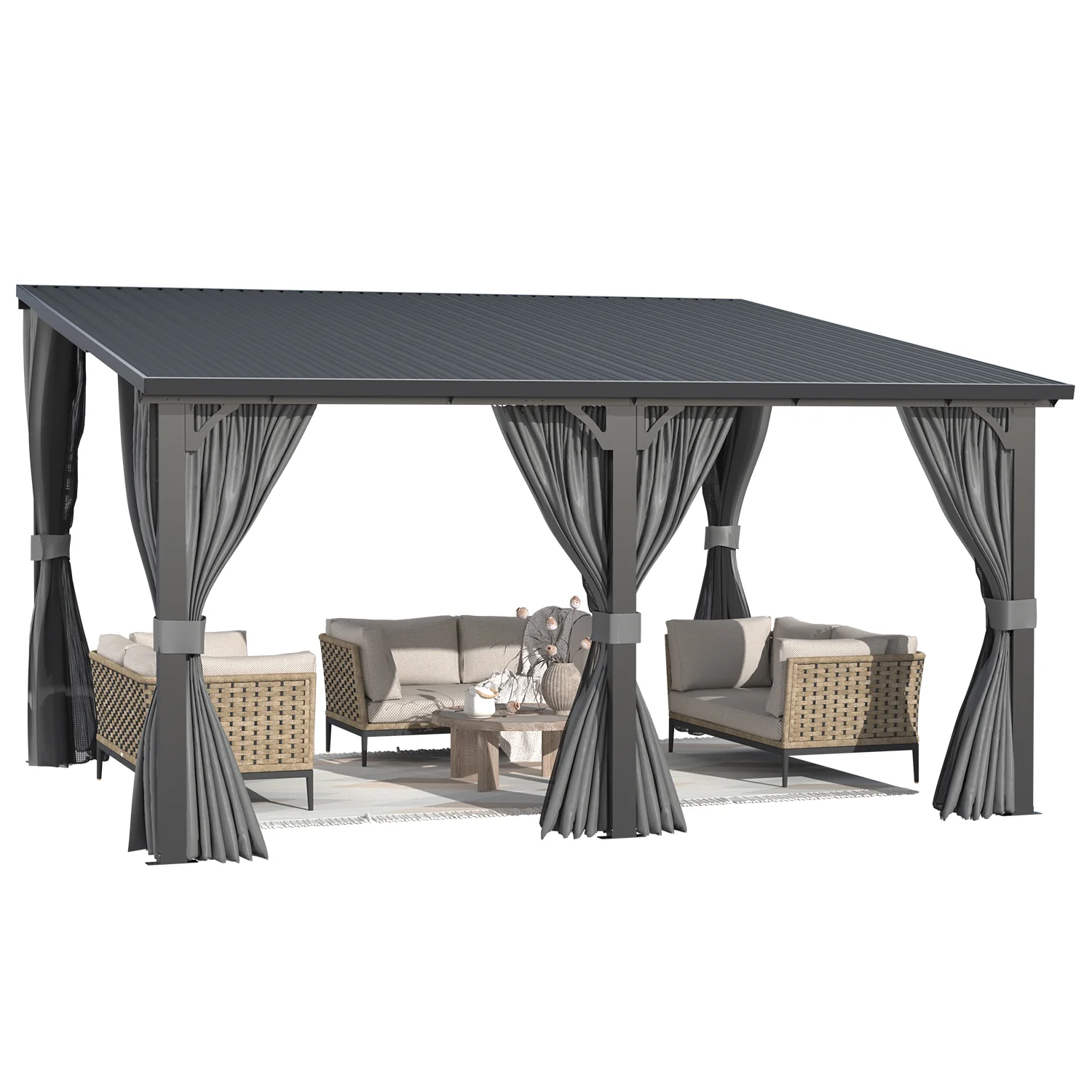 AECOJOY 14'x12' Outdoor Hardtop Metal Gazebo with Curtain and Netting