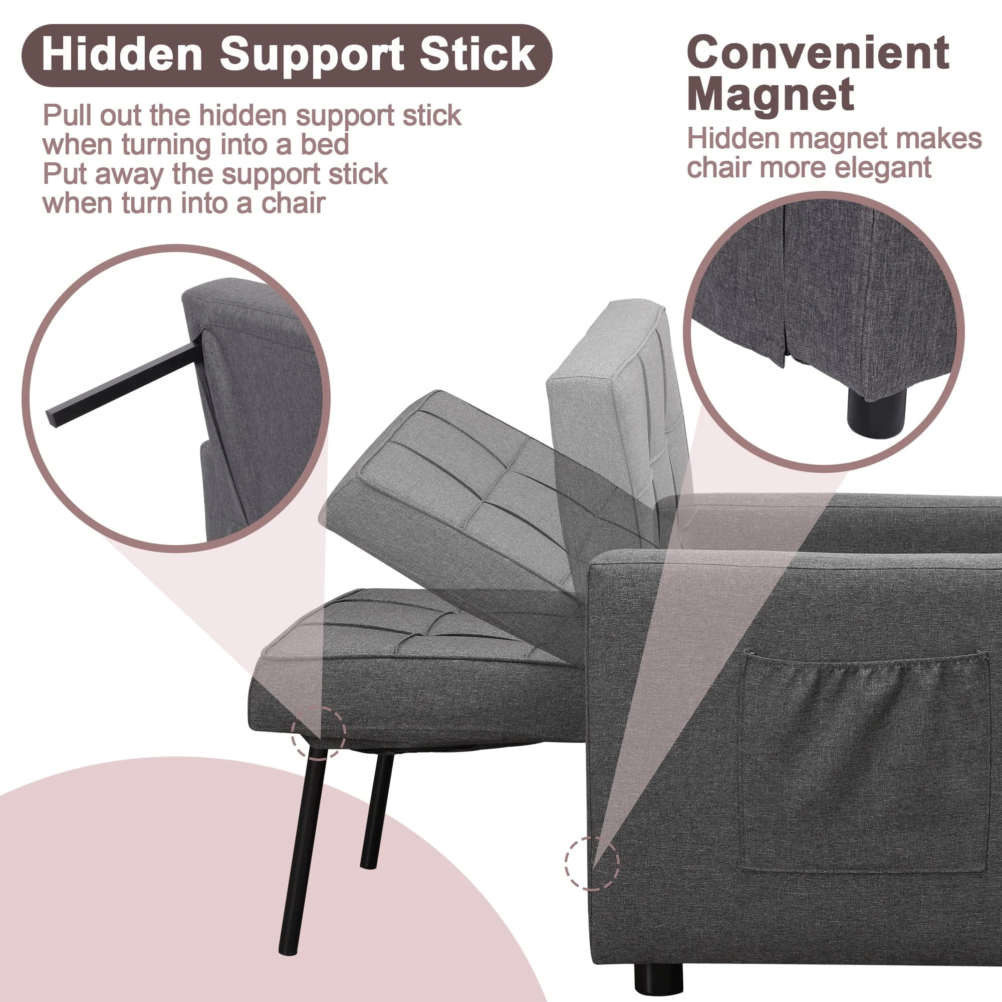 Tolead 3 - in - 1 Convertible Sofa Bed Sleeper Chair with Adjustable Backrest, Gray