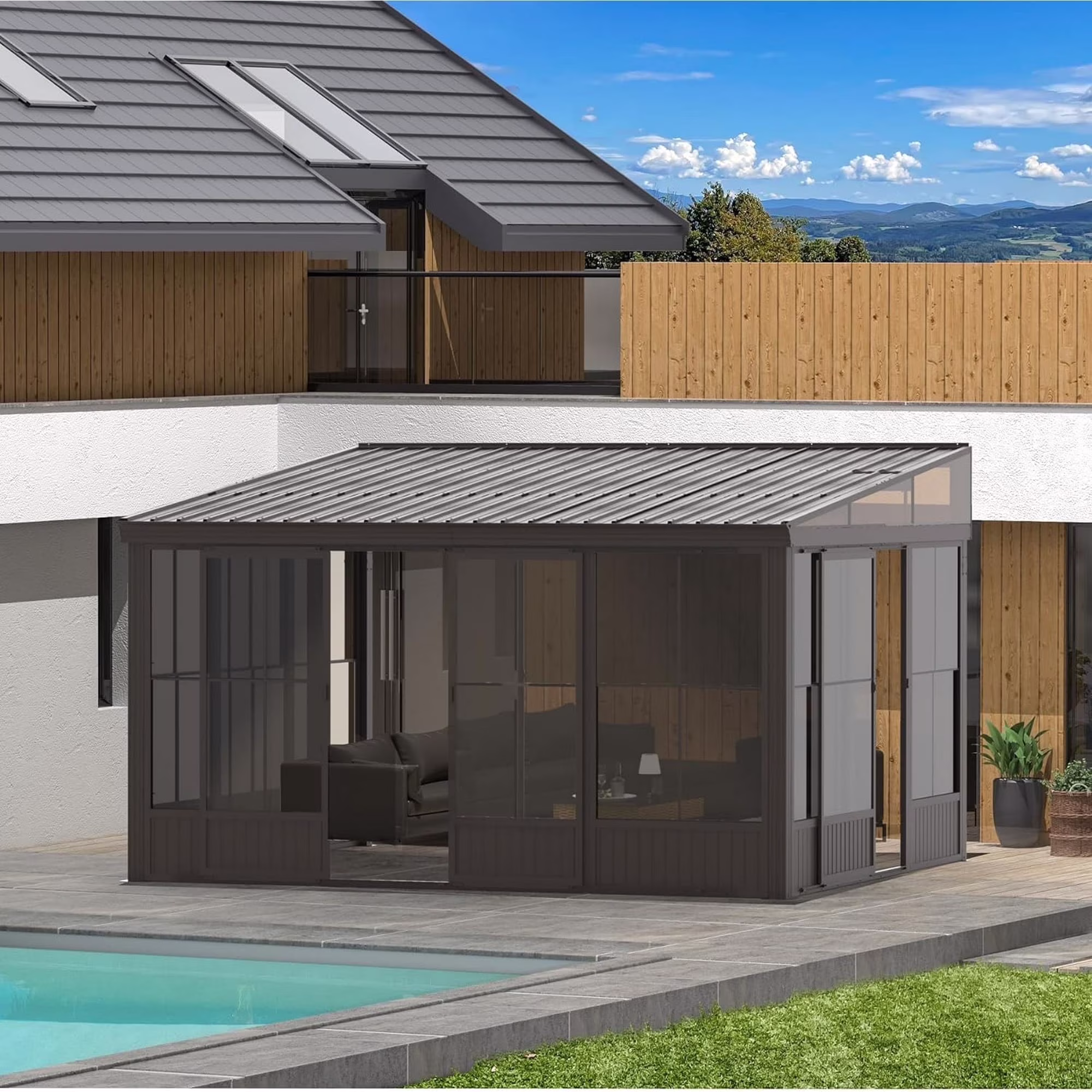 Domi Outdoor Living 10' x 12' Hardtop Lean-to Gazebo, Wall-Mounted with Galvanized Steel Roof Wall Pergola with Aluminum Frame, Curtains and Netting, for Patio, Deck, Garden, Backyard