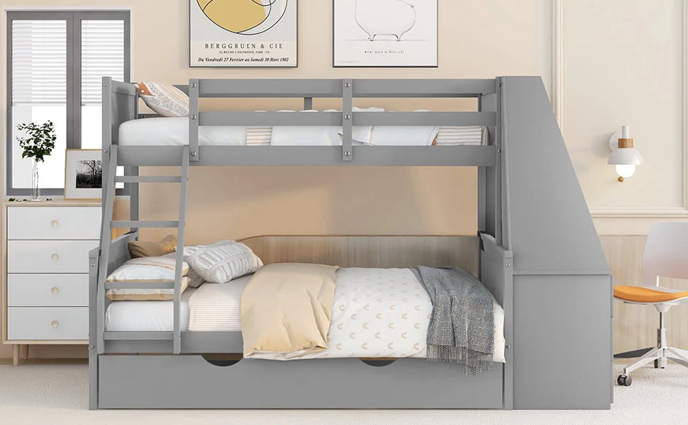 Twin over Full Bunk Bed with Trundle, Built-in Desk with Bookcase and 3 Drawers for Kids, Gray - Image 5